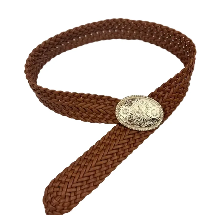 Woven Wide Waist Belt with Gold Engraved Medallion in Camel - Leto Accessories