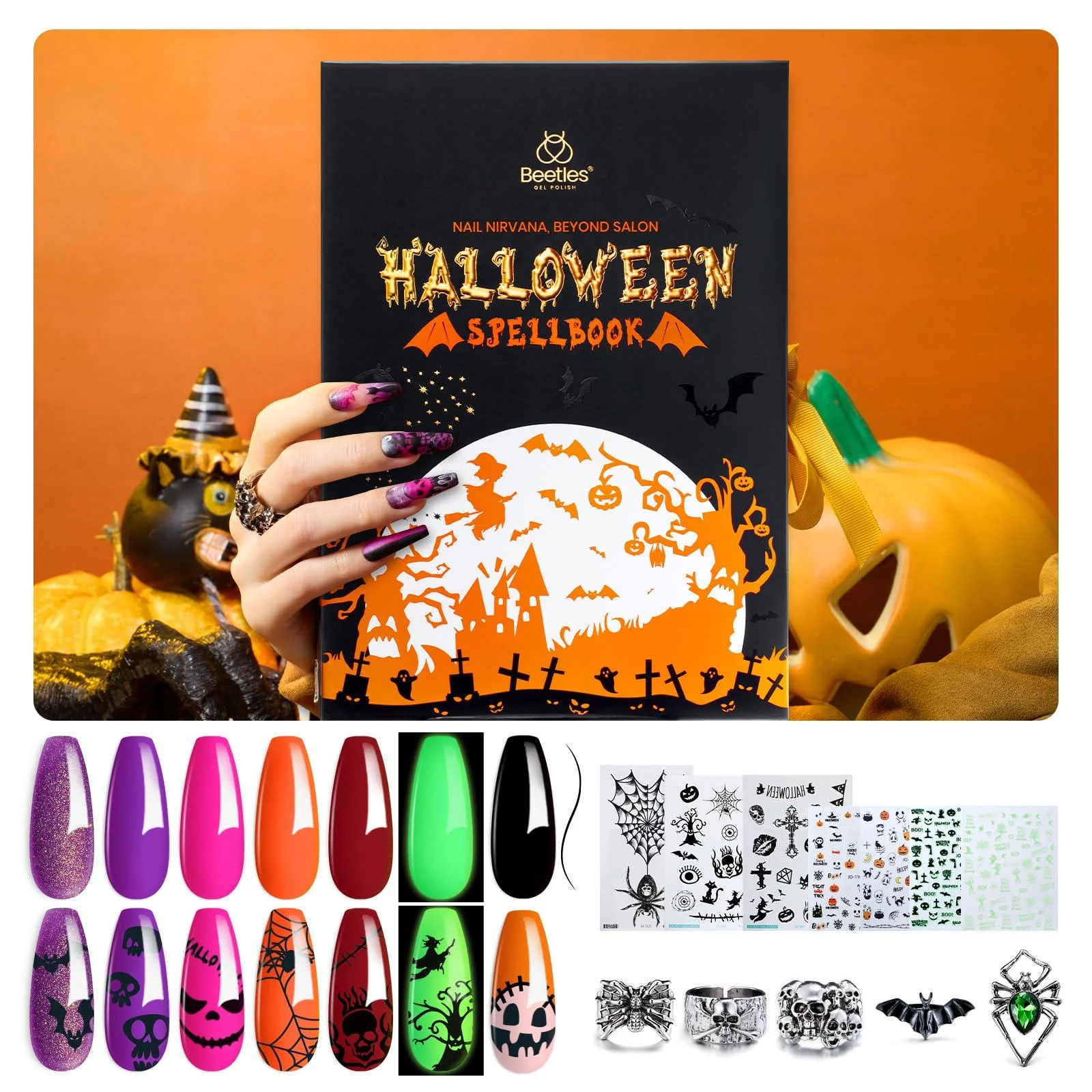 Beetles Gel Nail Polish 6 Colors Halloween Gel Nail Polish Set Witches' Spellbook Collection with Liner Gel Nail Stickers and Rings Shimmer Pink Purple Orange Nail Gel Polish for Party Gift Holiday 0-0- 6 Colors Witche Spellbook