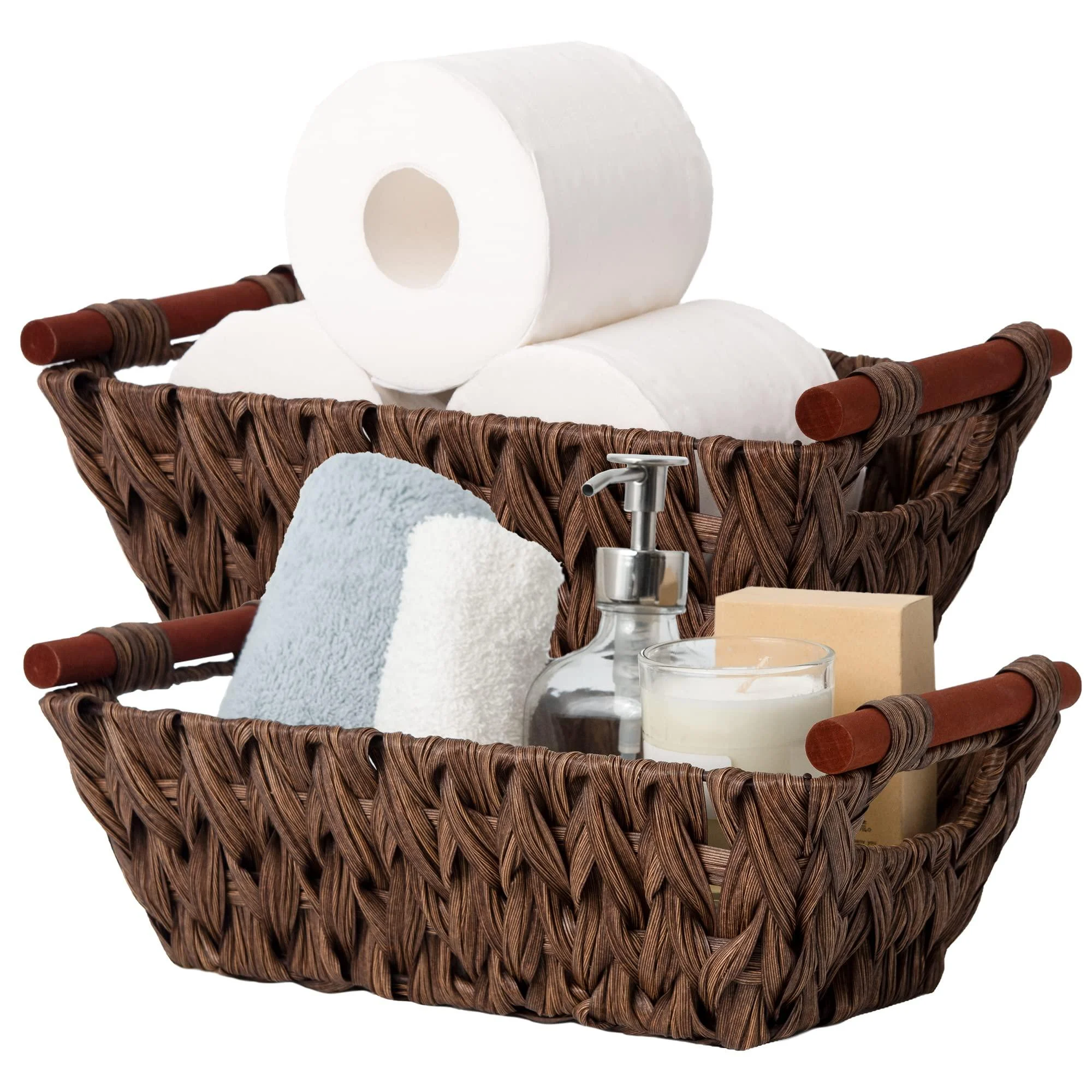 GRANNY SAYS Wicker Storage Baskets Waterproof Wicker Basket with Handles Woven Storage Bins for Pantry Kitchen and Bathroom Brown 2-Pack Medium Brown