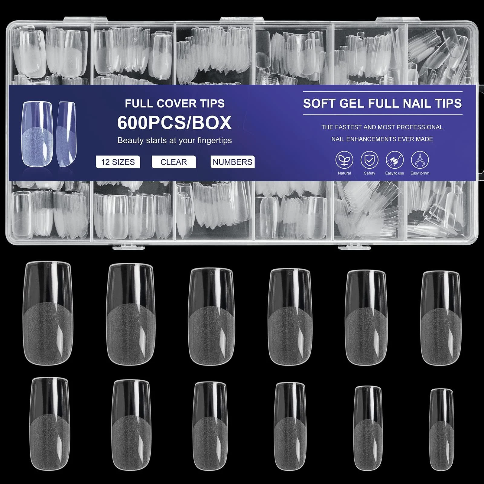 AORAEM Square Nail Tips 600 PCS Artificial Full Cover Nail Tips Soft Clear Nail Tips 12 Sizes Acrylic Medium Square Press on Nails Tapered Square False Nails with Box for Home DIY Nail Salon Clear 0 Fl Oz (Pack of 600)