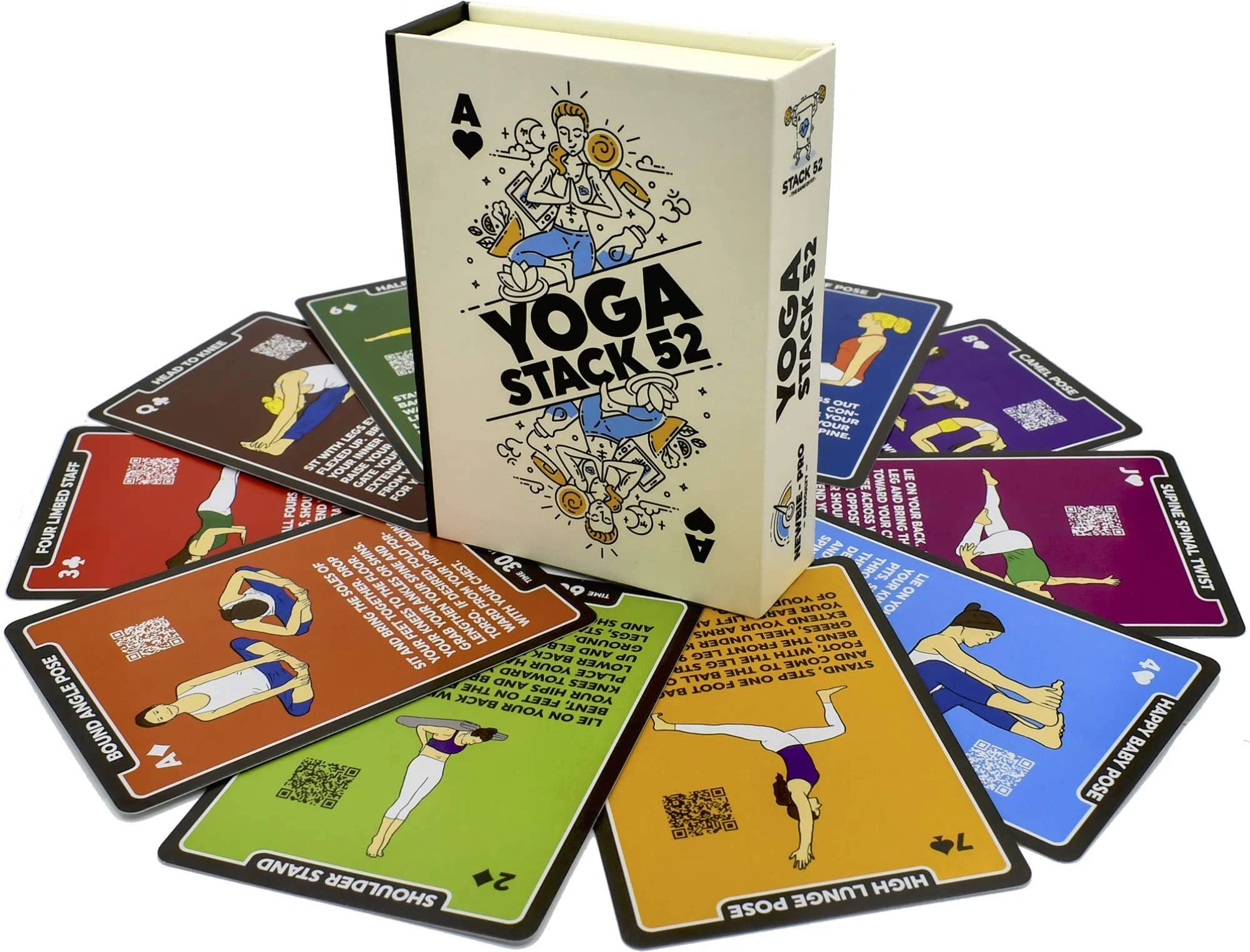 Stack 52 Yoga practice cards: Designed by a certified yoga teacher.Contain video instructions.Beginners to advanced poses and asanas base deck