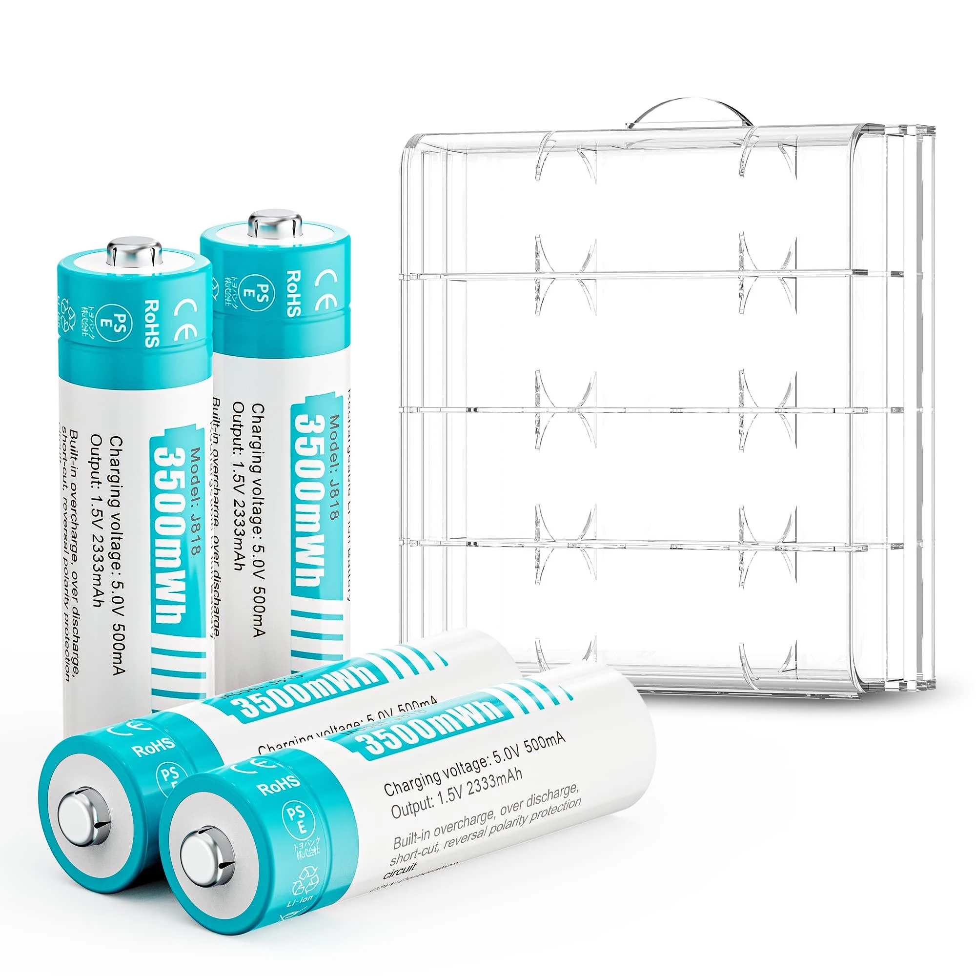 1.5V AA Rechargeable Batteries 3500mWh 4 Pack Li-ion Rechargeable AA Batteries High Capacity 1500 Cycles Fast Charge Sky-Blue 4 Batteries ONLY