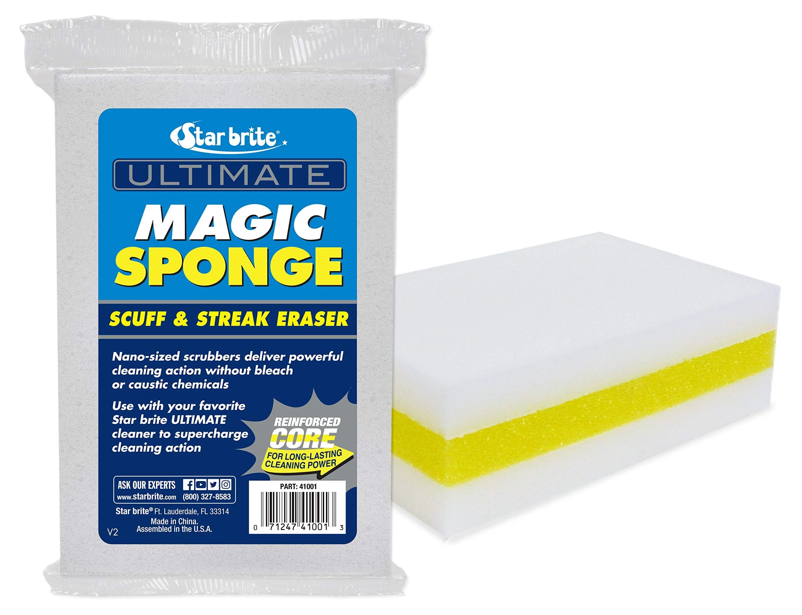 STAR BRITE Ultimate Magic Sponge - Boat Scuff Eraser Melamine Scrubber with Reinforced Core - 2 Pack (041000), White Magic Sponge Eraser 2 Pack