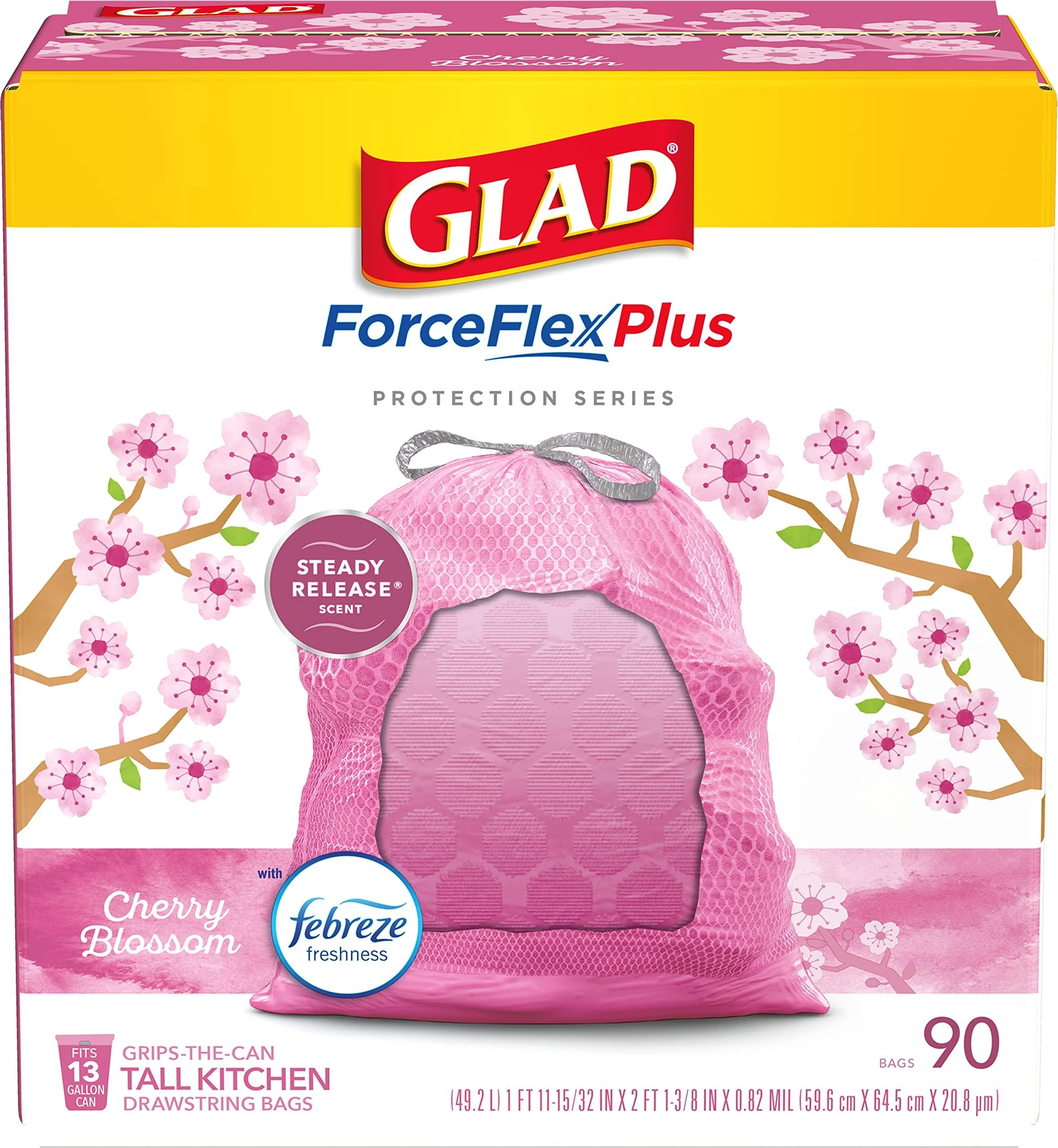 GLAD Protection Series ForceFlex Plus Drawstring Cherry Blossom Odor Shield, Pink, 13 Gallon, 90 Count