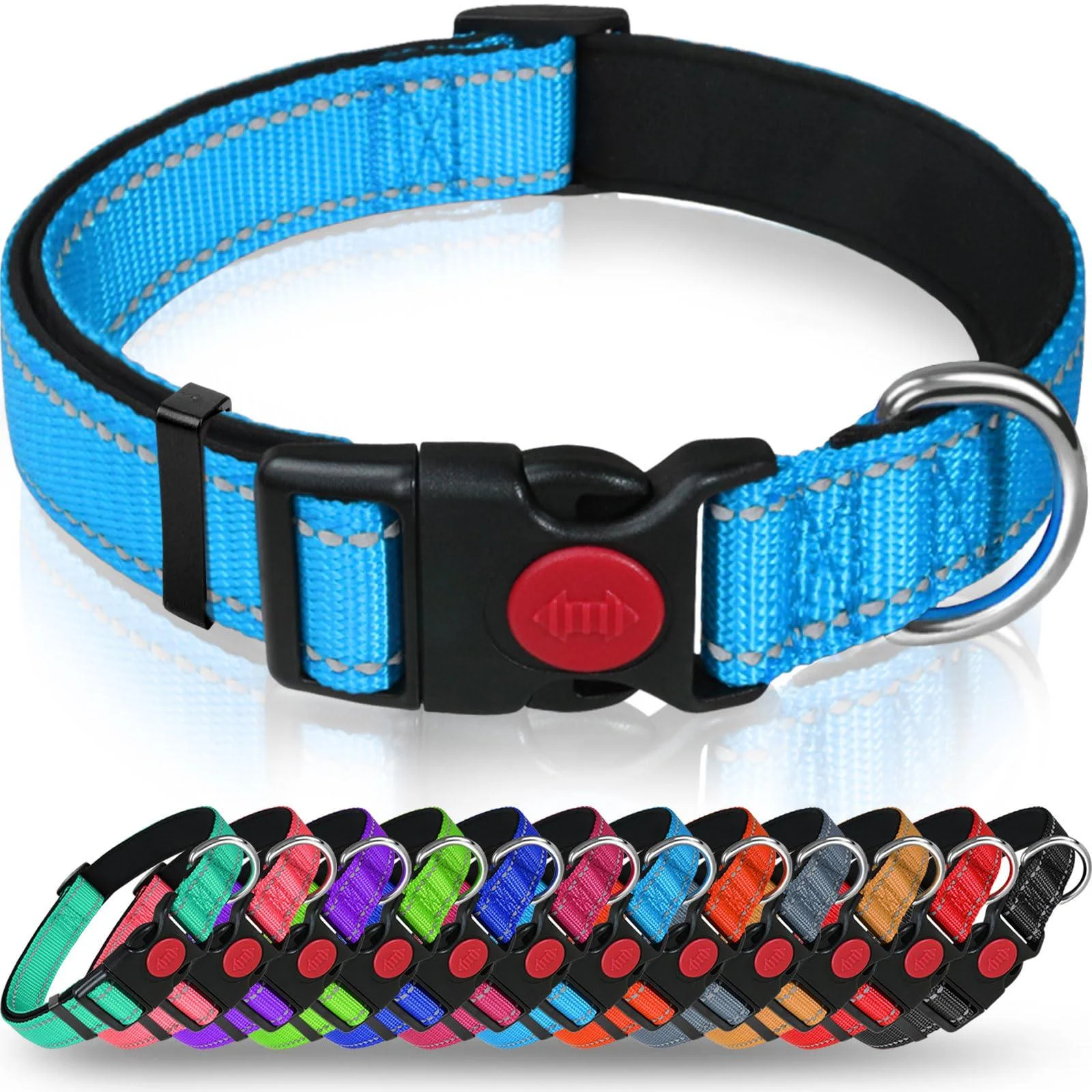 Taglory dog collar soft padded neoprene nylon dog collar for large dogs adjustable and reflective for training sky blue l (1 Pack) sky blue