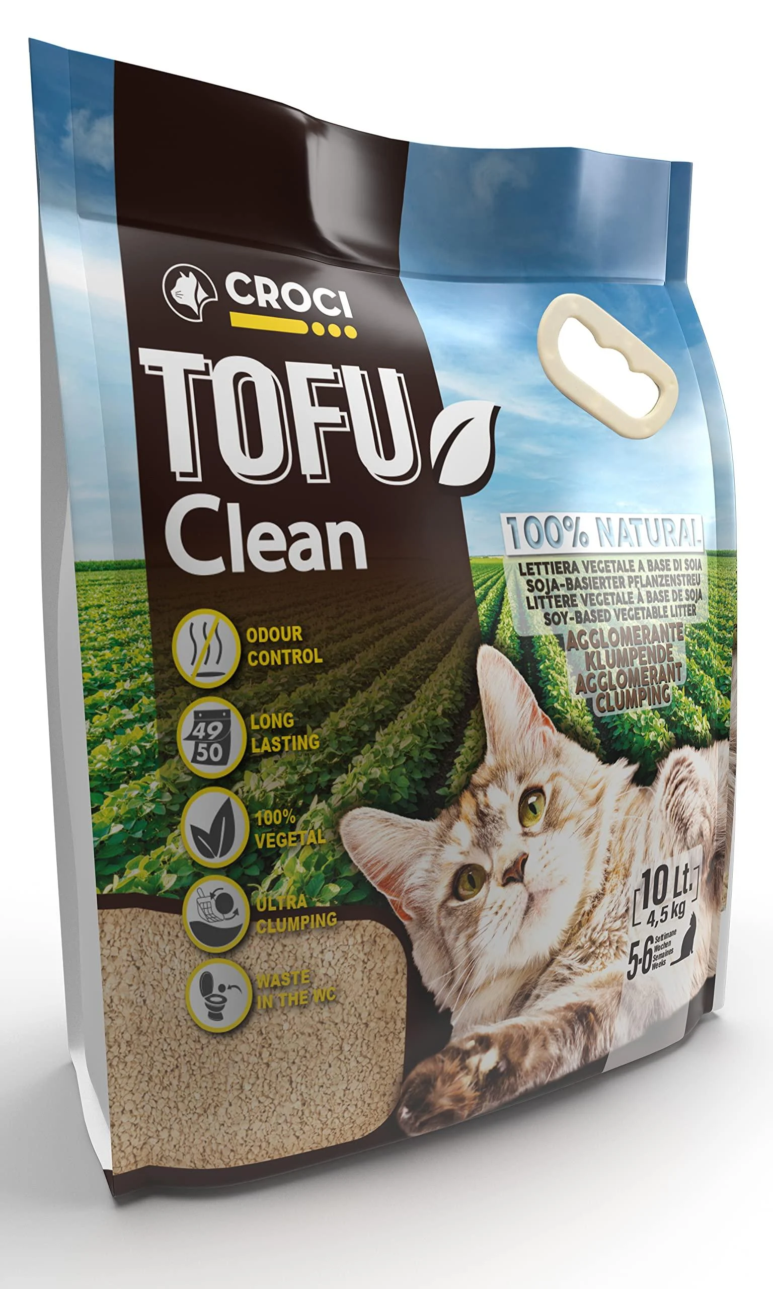 Croci Tofu Clean Litter 10L - Clumping Cat Litter Biodegradable flushes down the toilet 100% vegetable Long lasting Anti-odor Sand 10 L NATURAL