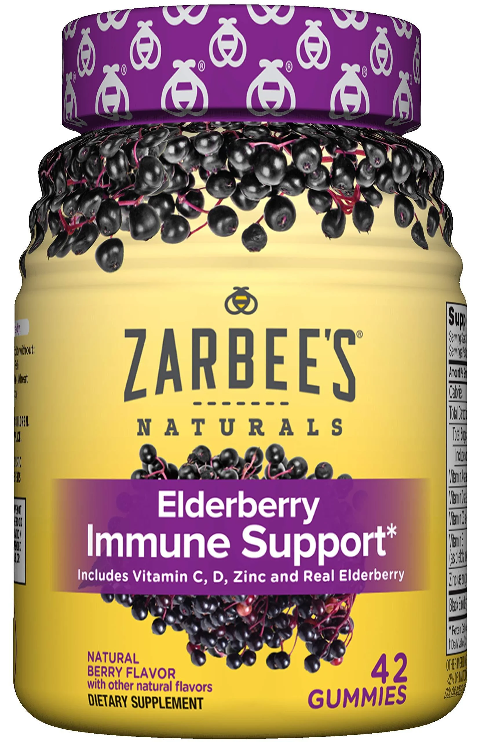 Zarbee's Elderberry Gummy Daily Immune Support Supplement with Vitamins A, C, D, E & Zinc, Black Elderberry Fruit Extract, Natural Berry Flavor, 42 Count Adult (12+ Years) Berry Gummies, 42 ct