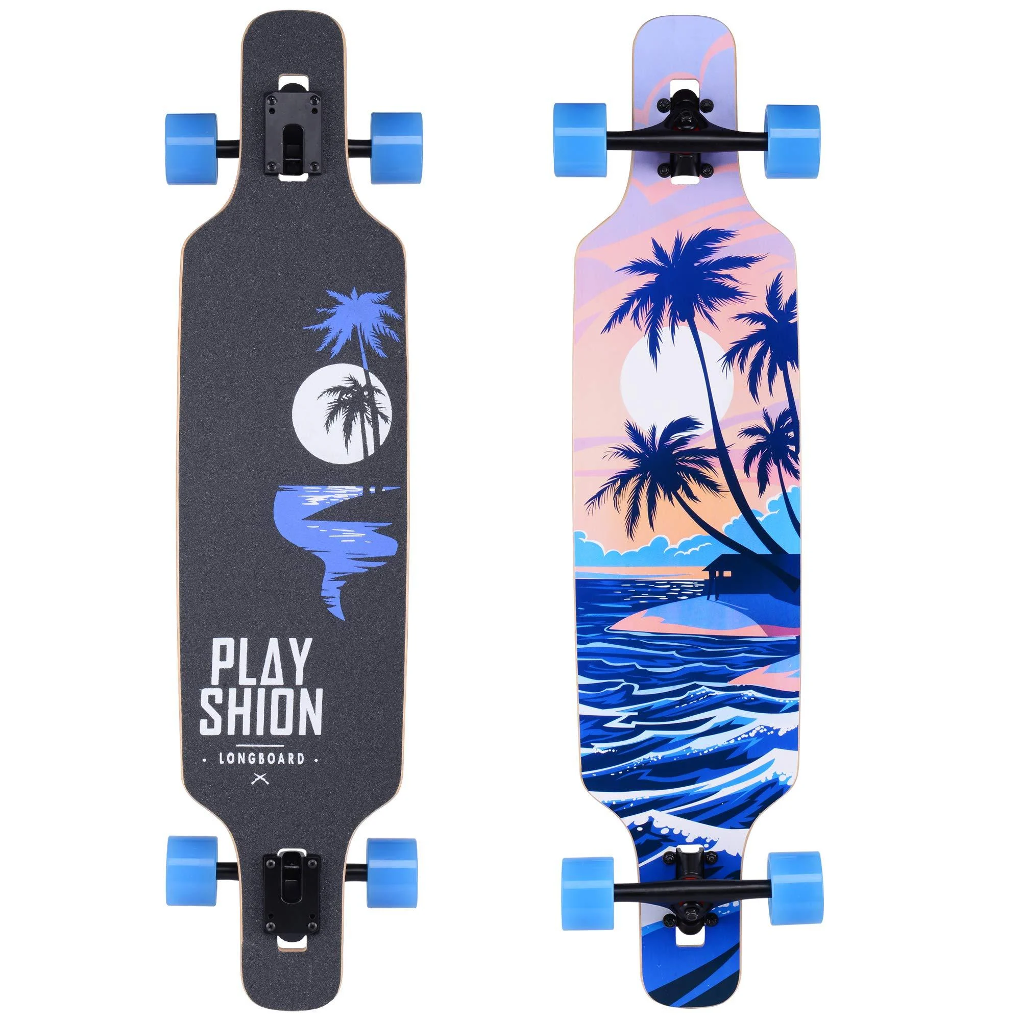 Playshion Drop Through Freestyle Longboard Skateboard Cruiser Coconut Tree