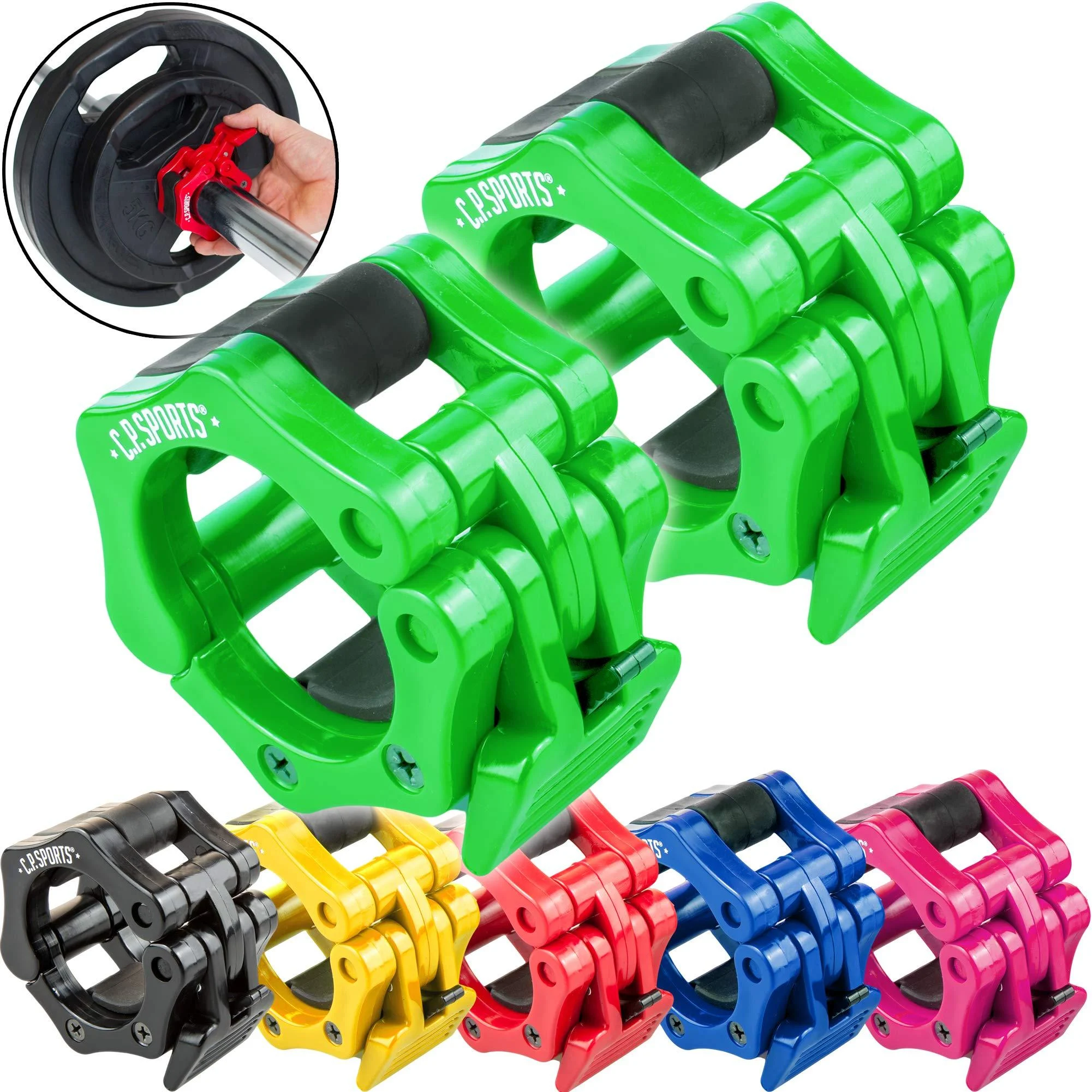 CPSports Olympia quick release 50 mm for barbell bars clamp closure quick and safe 1 pair GREEN - C.P.Sports