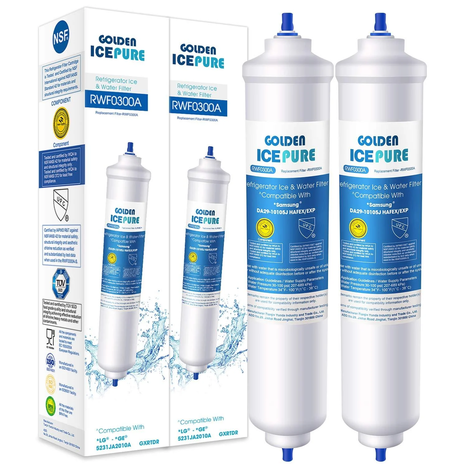 Water filter Refrigerator Replacement for Samsung DA29-10105J DA29-10105J Hafex/Exp DA99-02131B WSF-100 EF9603 Haier LG Inline water fiter 2 pieces of Golden Icepure RWF0300A 2 pieces (1 Pack)