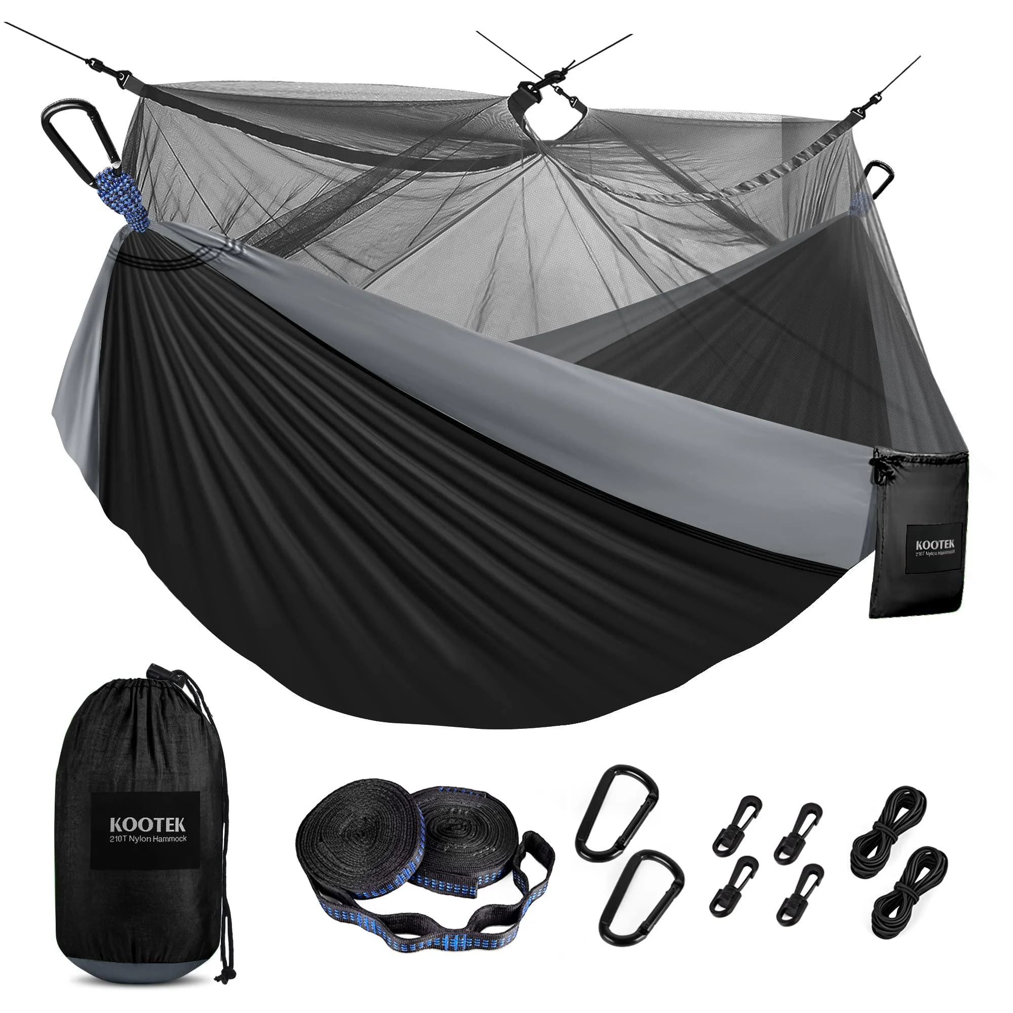 Kootek Camping Hammock with Net Double & Single Portable Hammocks Parachute Lightweight Nylon with Tree Straps for Outdoor Adventures Backpacking Trips Black & Grey Large