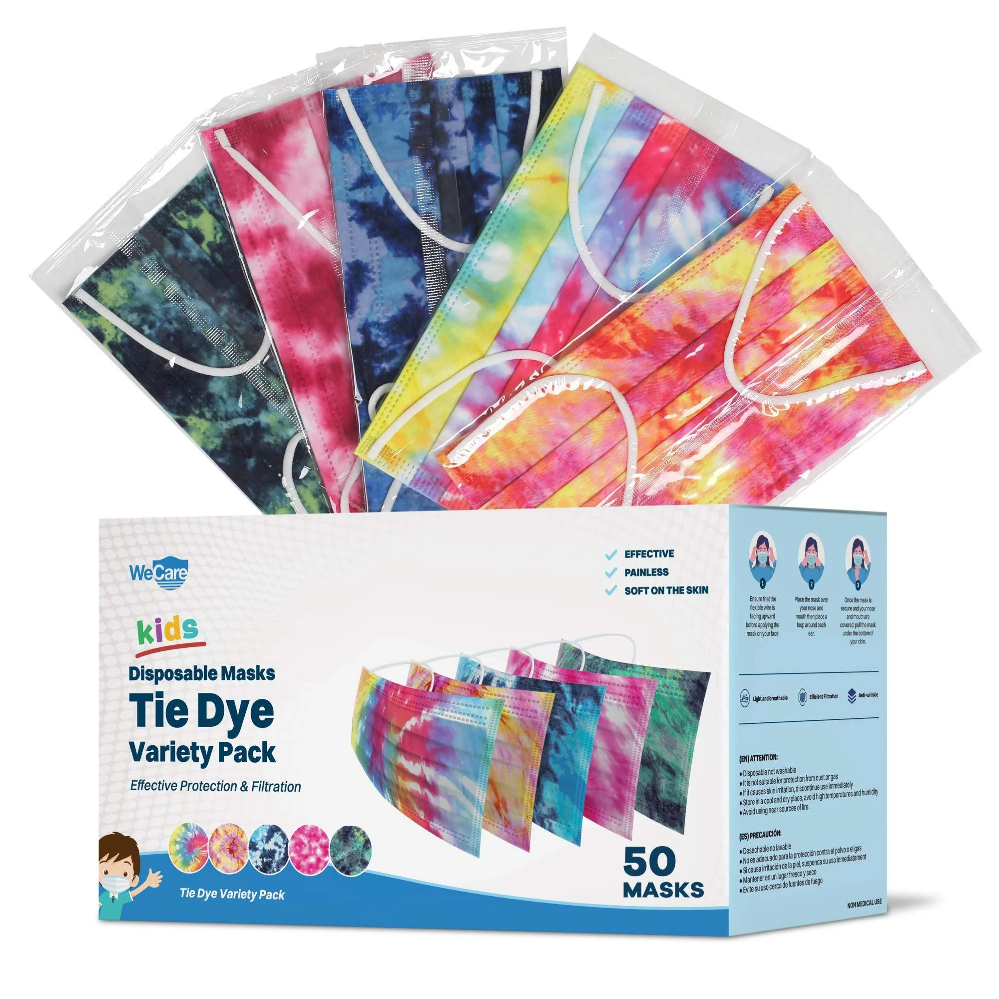 WeCare Disposable Face Masks For Kids, 50 Camo Face Masks, Individually Wrapped Assorted Tie Dye