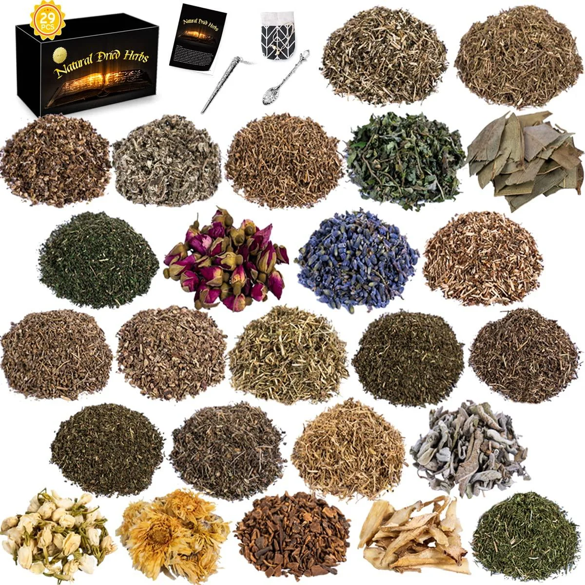 Dried Herbs for Witchcraft, 29Pcs Witchcraft Supplies for Spells, Witch Stuff with Crystals Spoon Magical Wand for Wicca, Pagan, Rituals, Altar Supplies and Witch Decor - KINGBOCH