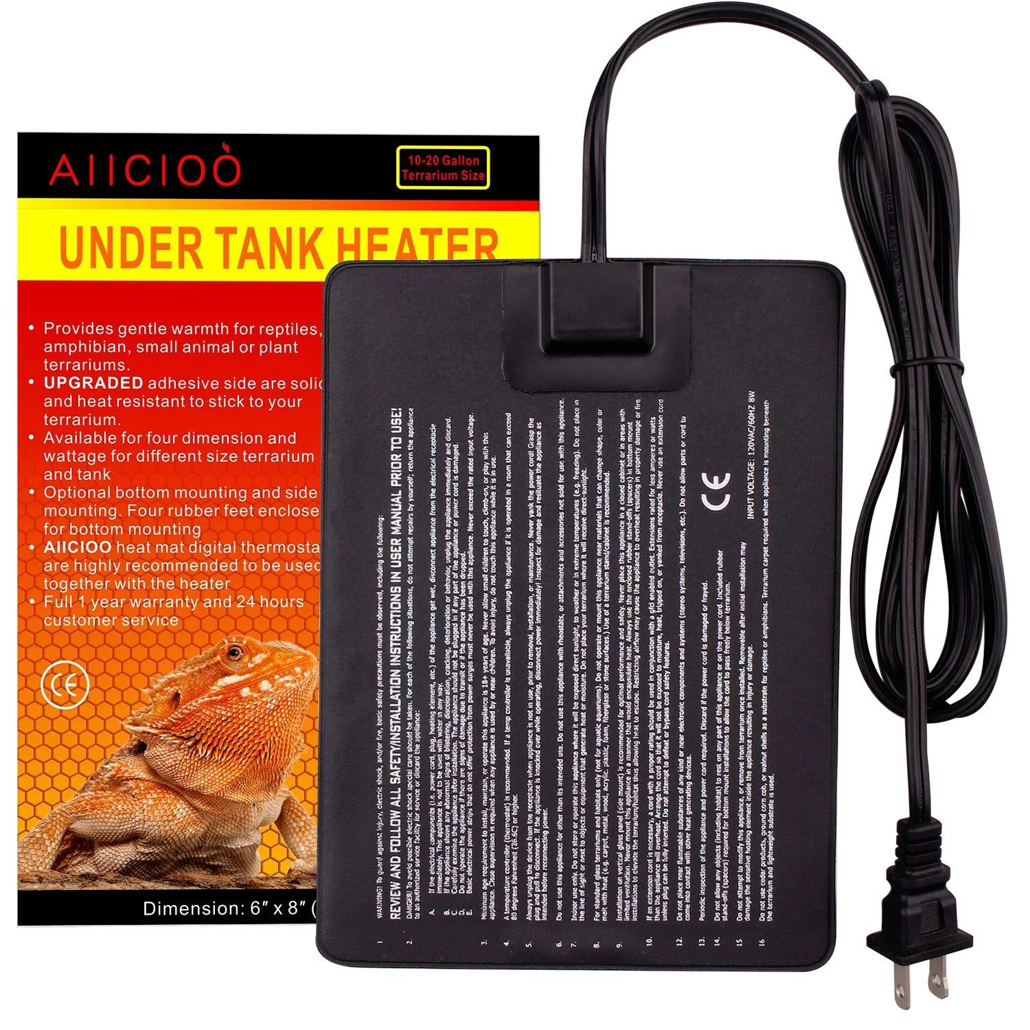 Aiicioo Reptile Heating Pad - Hermit Crab Heater Heat Mat for Reptiles Snake Lizard Terrarium 6X8Inch(8W)