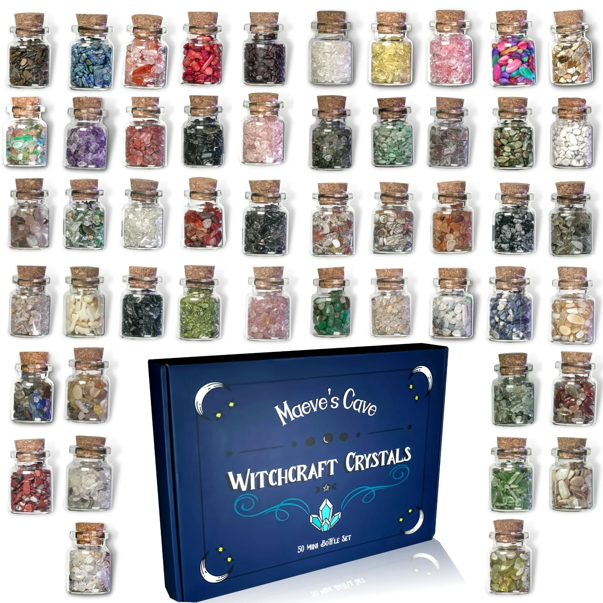 Spell Crystals in Bottles | Crystals for Witchcraft | Mini Crystals for Spell Jars (50 Bottle Set) - Maeve's Cave