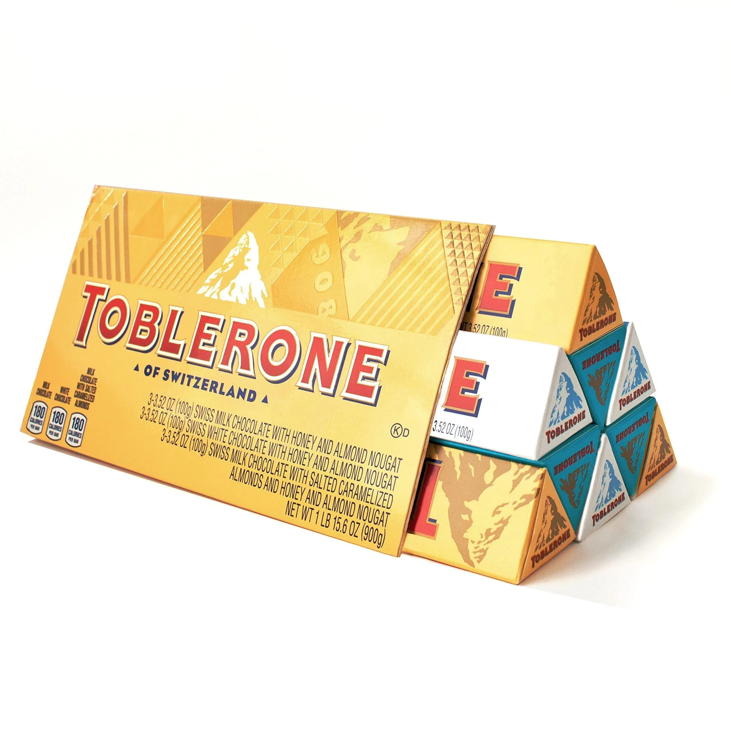 Toblerone Swiss Chocolate Gift Set Milk Chocolate White Chocolate Crunchy Salted Caramelized Almond 9 - 3.52 oz Bars Chocolate Variety 9 Count (Pack of 1)