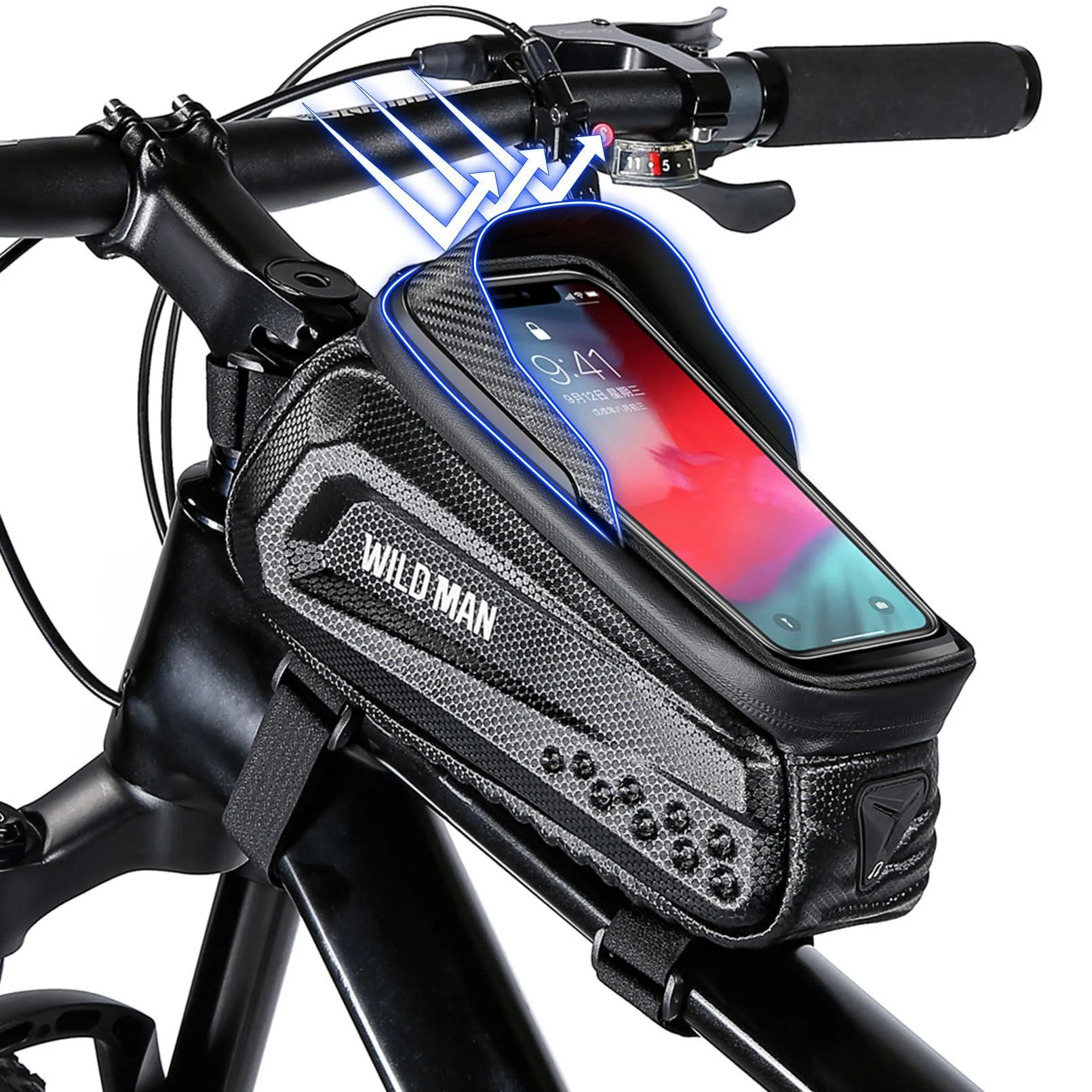 Faireach bicycle bag frame waterproof cell phone pocket bike with 2.2l large capacity and face ID function frame bag bicycle touchscreen for smartphones 5.5-7 inches