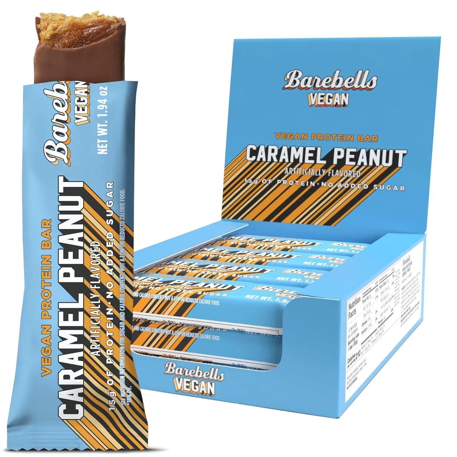 BAREBELLS Plant Based Protein Bars - Peanut Caramel - Pack of 12 - 1.94 Oz.