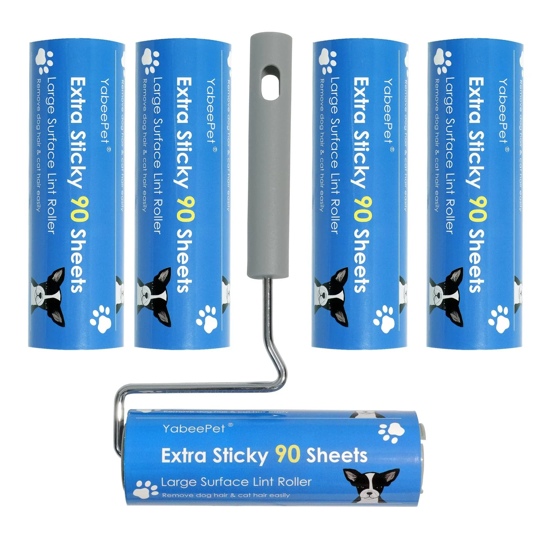 YabeePet Extreme Sticky Large Surface Lint Roller Long Handle Pet Hair Remover Designed for Removing Pet Dog Cat Hair 90 Sheets per roll 16cm Width (1 Roller+4 Refills) 1Roller+4Refills