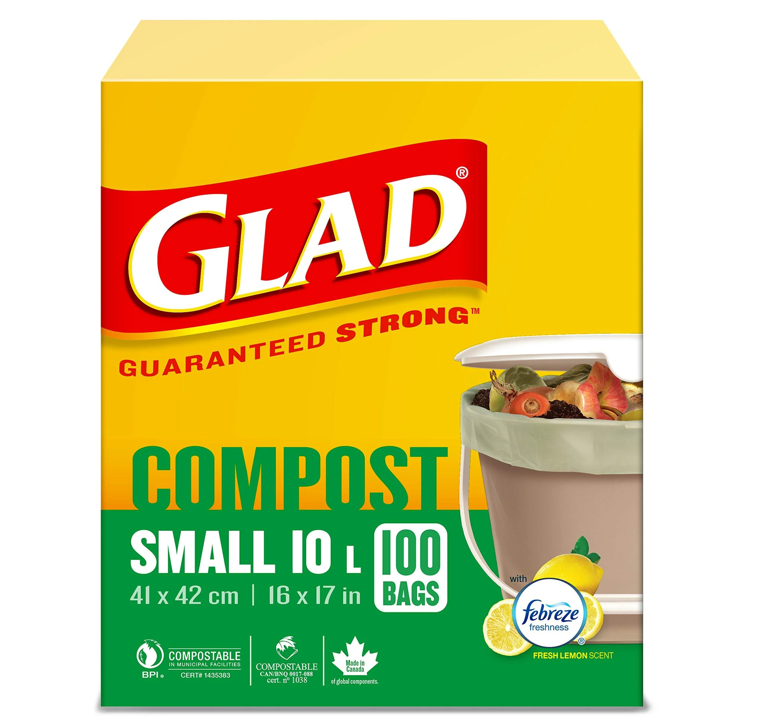 Glad 100% Compostable Bags - Small 10 Litres - Lemon scent 100 Compost Bags 100 count (Pack of 1)