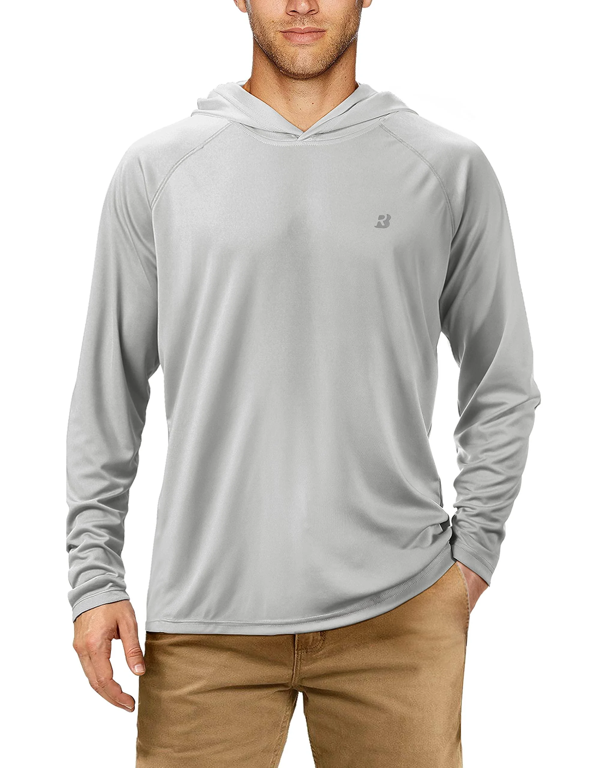 Roadbox Men's UPF 50+ Sun Protection Hoodie Shirt with Mask -Outdoor Mesh Sides Long Sleeve Athletic Rash Guard Shirts No Thumb Hole-gray Large