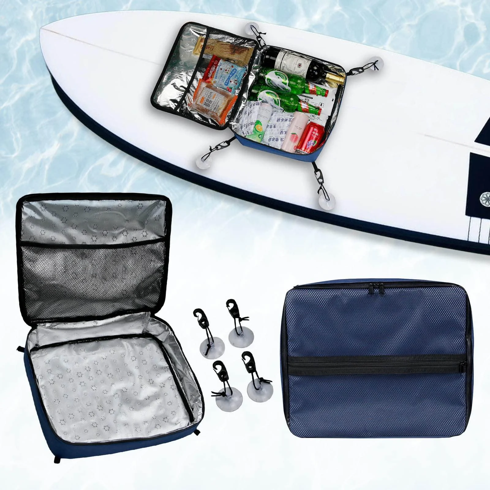 LITEMATIRA Paddle board Deck Cooler Bag - Kayak Surfing Accessories Storage Mesh Top Pocket Organizer with 4 Suction Cups, for SUP, Surfboard Blue