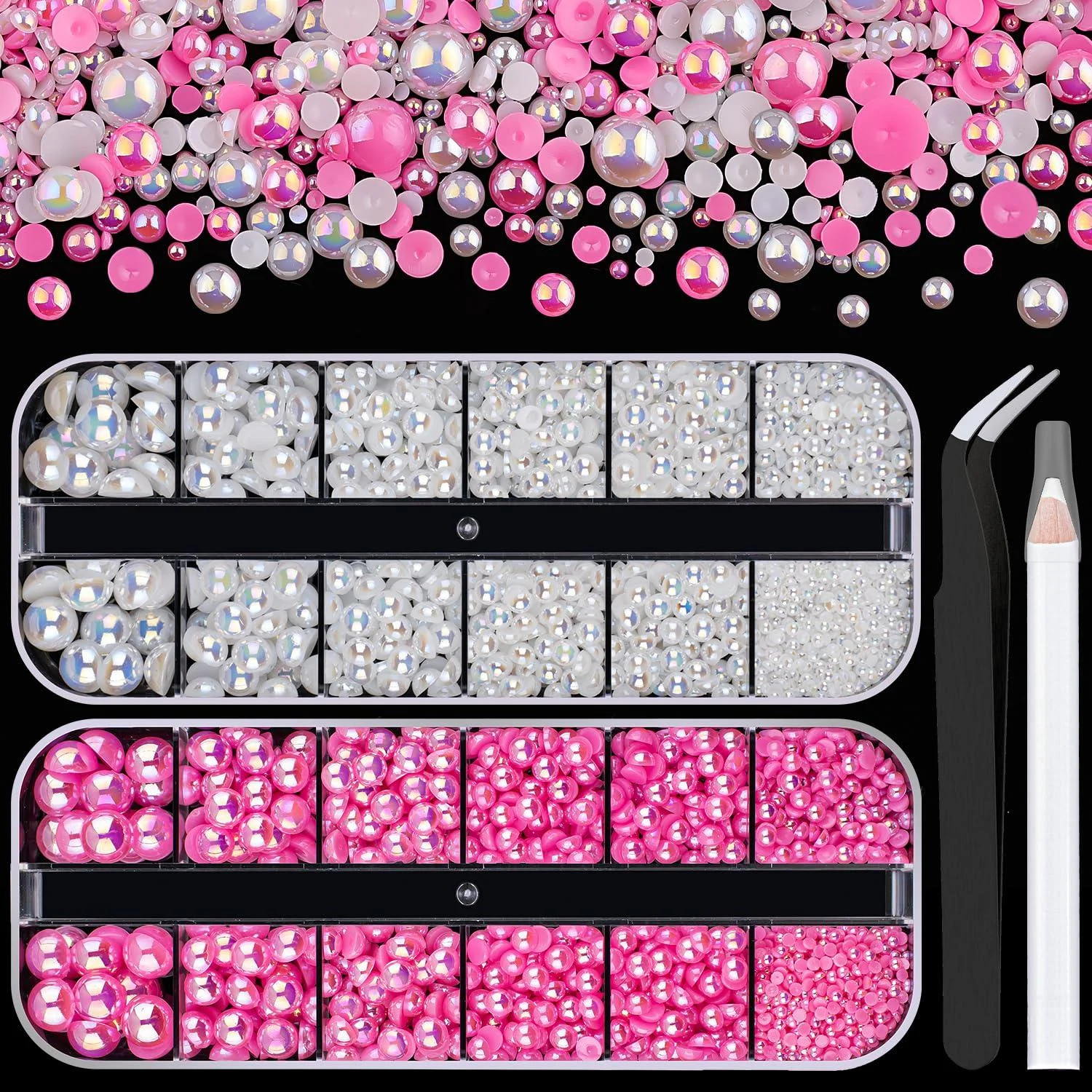 2 Boxes Flat Back AB Pearls Kit 9 Flatback White&Peach AB Half Round Pearls 2-8mm with Pickup Pencil and Tweezer for Home DIY and Face Makeup and Craft 2 Boxes White&Peach AB