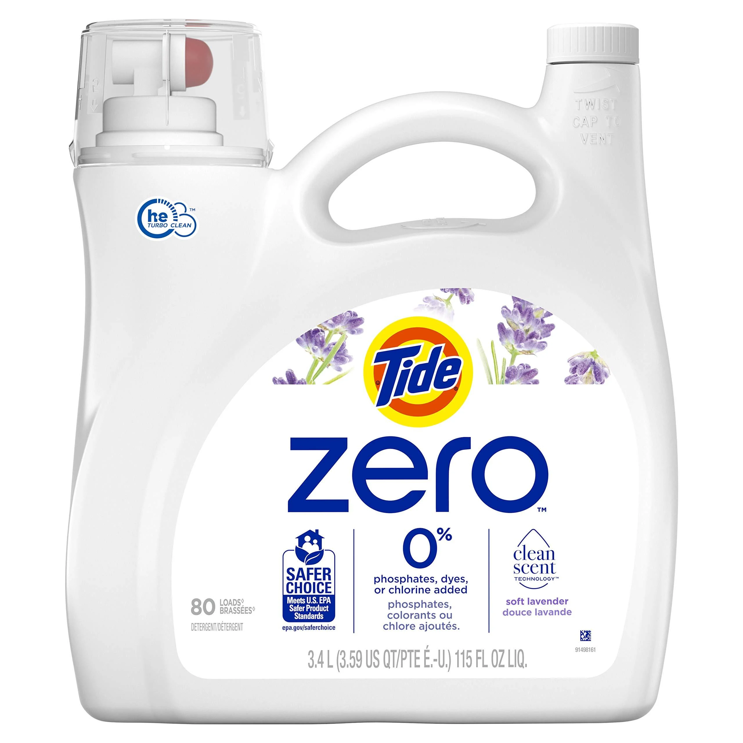 Tide Zero Liquid Laundry Detergent Soft Lavender Scent 80 Loads Cleanscent Technology 3.4 Liter (Pack of 1) Lavender 80 Loads - Downy