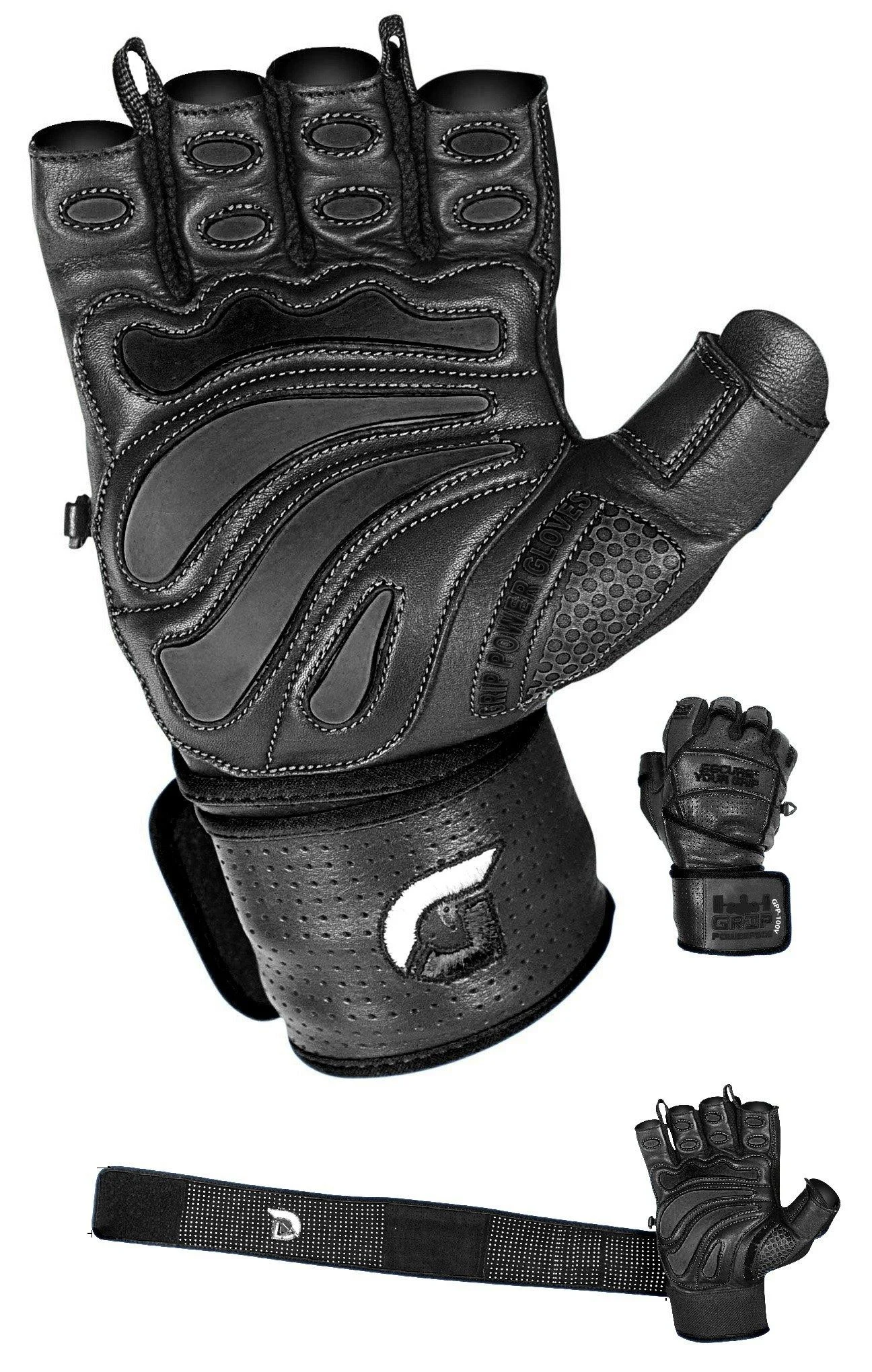 Elite Leather Gym Gloves with Built in 2" Wide Wrist Wraps Grip & Design for Weightlifting Power Lifting Bodybuilding & Strength Training Workout Exercises Black X-Large