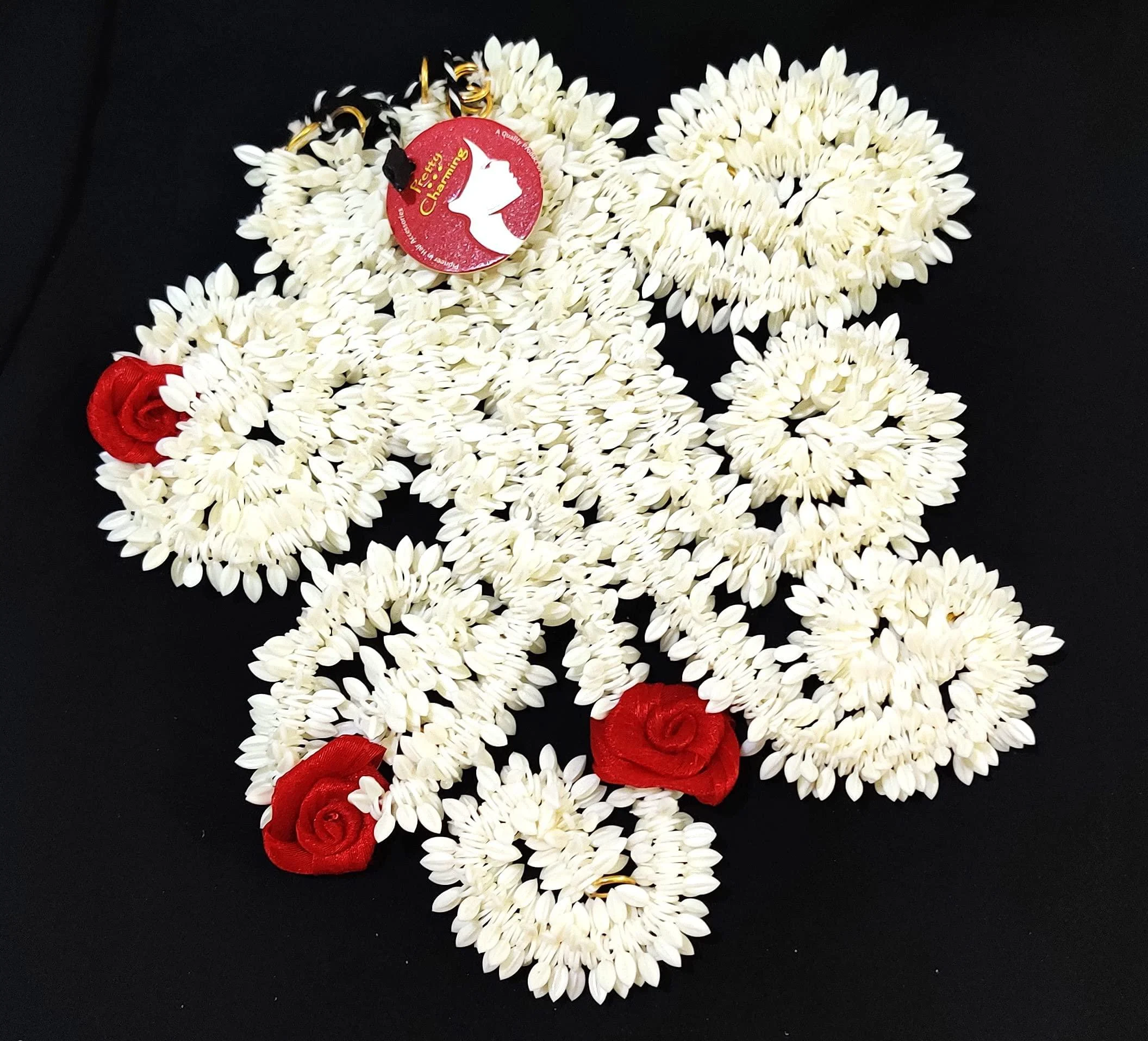 Pretty Charming Handmade Artificial Flower Plastic Gajra Veni Garland for Hair 6 Red and 6 White 13 Inch long set of 12 with freebie White Red