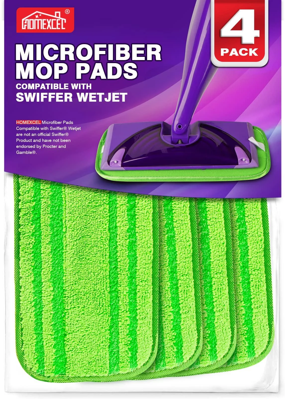 HOMEXCEL Microfiber Mop Pads Compatible with Swiffer Wet Jet, Reusable and Machine Washable Floor Mop Pad Refills, Mop Head Replacements for Multi Surface Wet & Dry Cleaning, Pack of 4