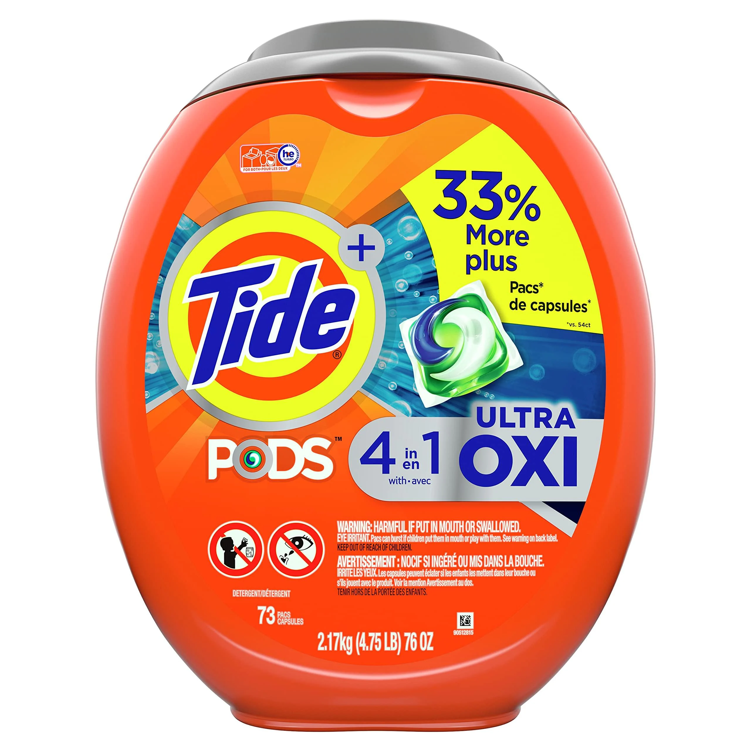 Tide PODS 4 in 1 Ultra Oxi Laundry Detergent Soap Pods, High Efficiency (HE), 73 Count 73 Count (Pack of 1)