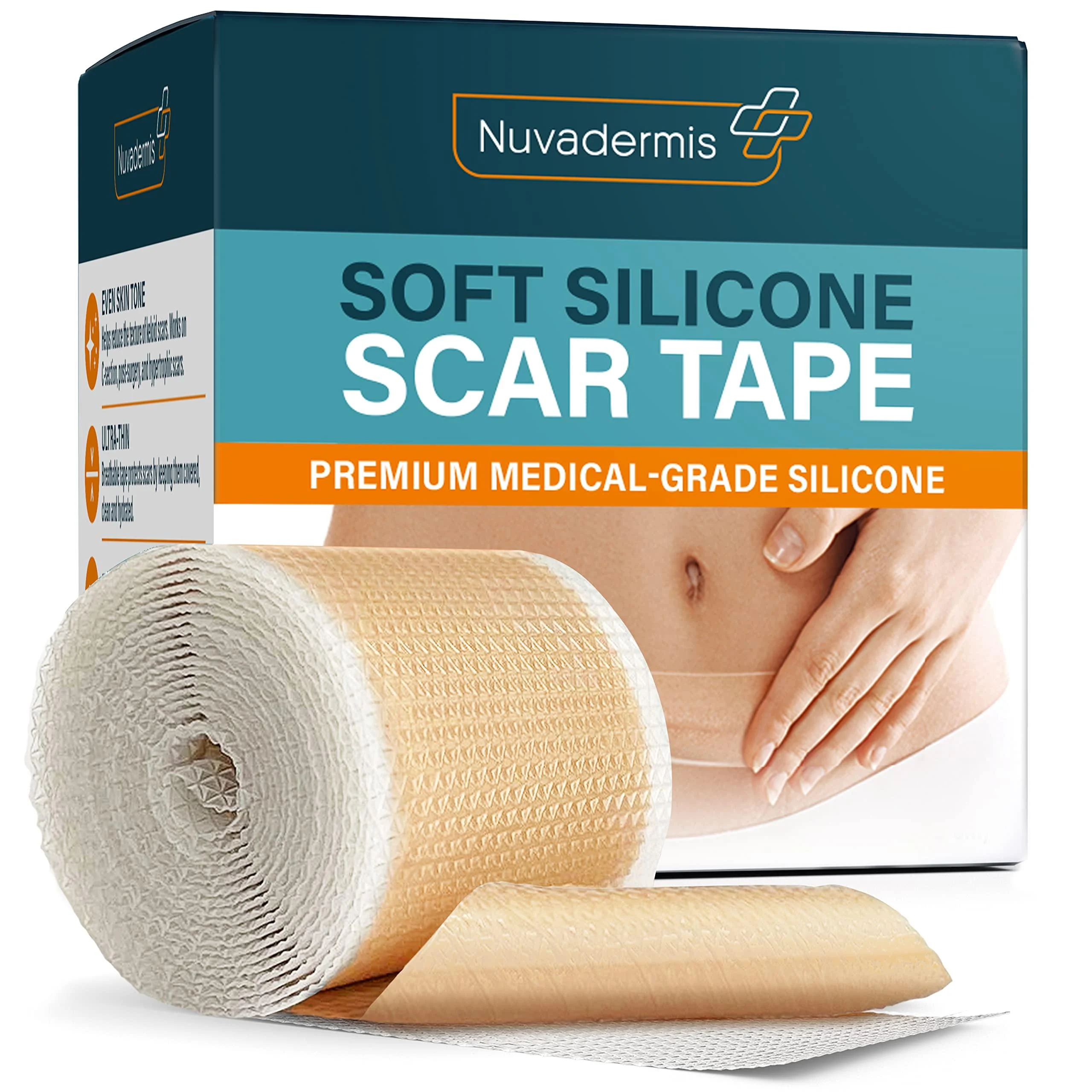 NUVADERMIS Silicone Scar Tape for Surgical Scars - 120 x 1.5 Roll - Extra Long Scar Sheets for C-Section Tummy Tuck Keloid and Surgical Scars - Reusable Medical Grade Silicone Scar Tape Classic Tape