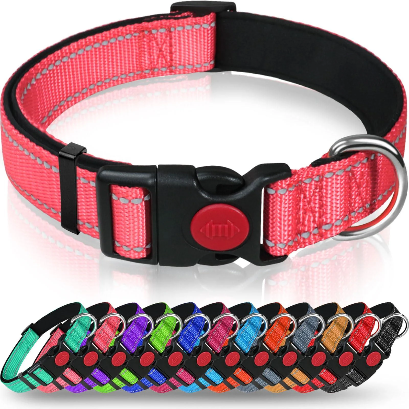 Taglory dog collar soft padded neoprene nylon dog collar for medium dogs adjustable and reflective for training pink m (1 Pack) pink