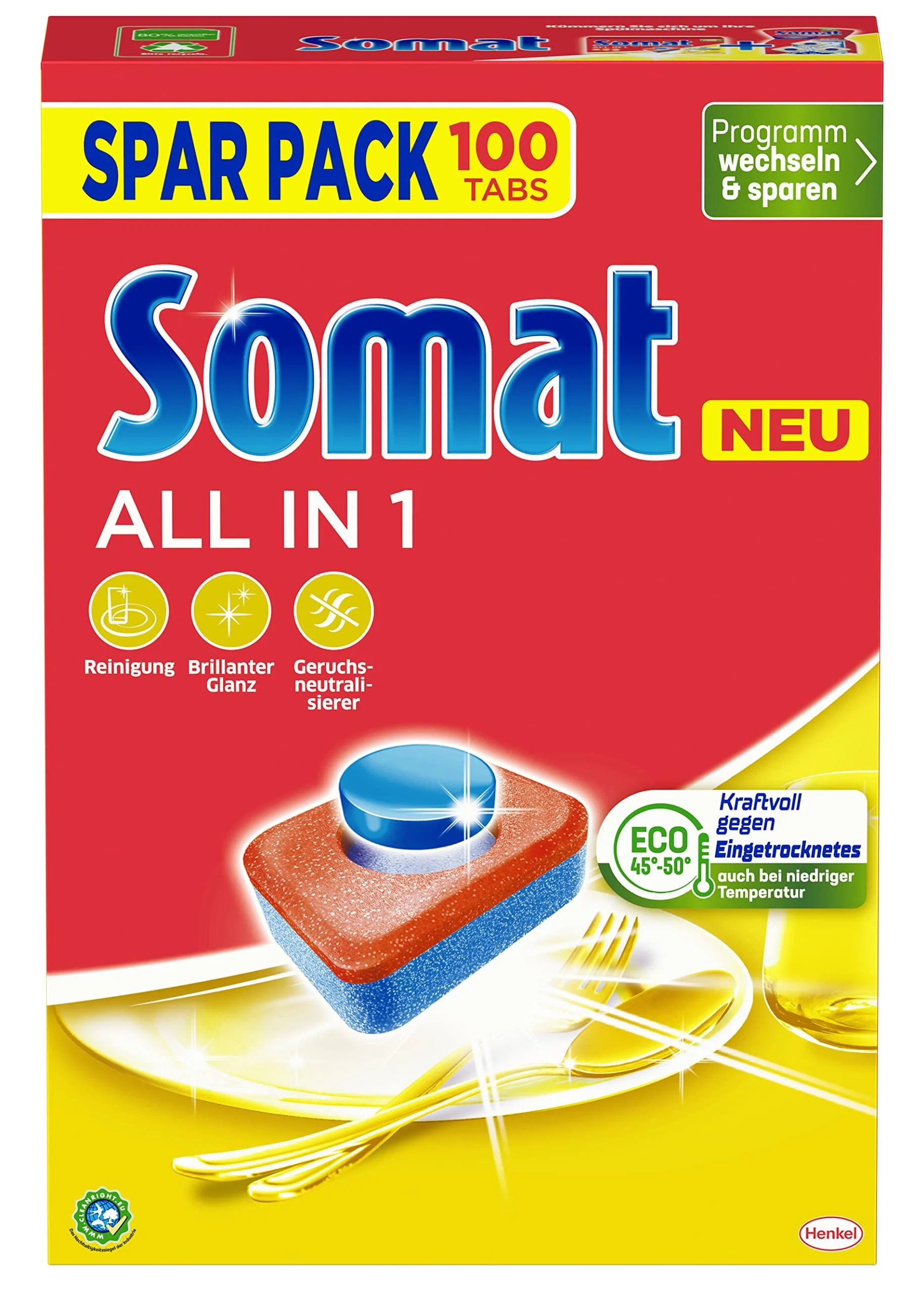 Somat all in 1 dishwashers tabs (100 tabs) dishwasher wash tabs for radiant cleanliness even at low temperatures powerful against dried