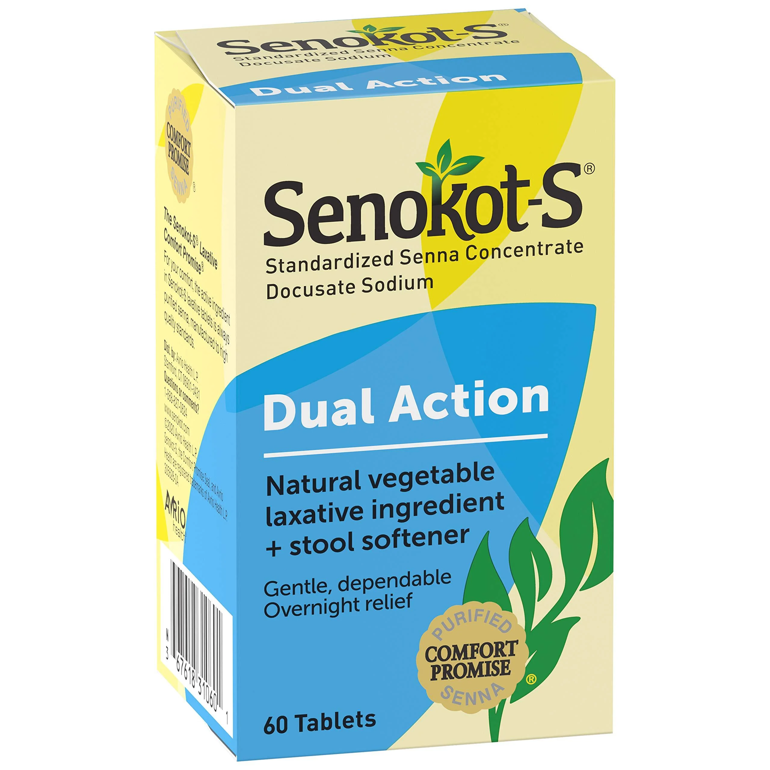 Senokot-S Dual Action Natural Vegetable Laxative Ingredient Plus Stool Softener Tablets, Docusate Sodium, Senna Concentrate, Gentle, Overnight Relief From Occasional Constipation, 60 ct 60 Count (Pack of 1)