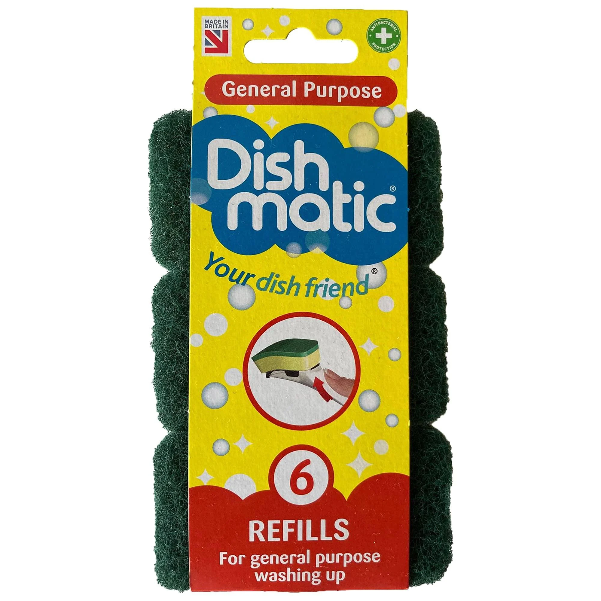 Dishmatic Green All Purpose Dishwashing Sponge Refill Heads with Antibacterial Abrasive - Kitchen Sink Handle Refill - 6 Pack