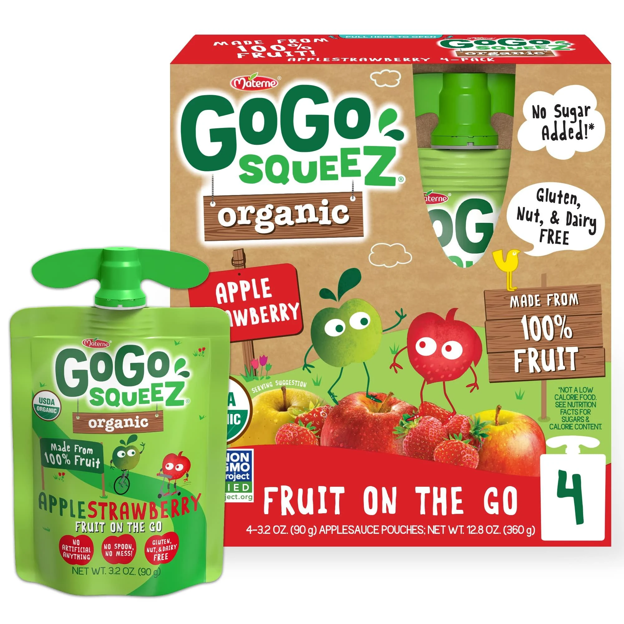 GoGo squeeZ Organic Fruit on the Go, Apple Strawberry, 3.2 oz. (4 Pouches) - Tasty Kids Applesauce Snacks Made from Organic Apples & Strawberries - Gluten Free Snacks - Nut & Dairy Free - Vegan Snacks Apple Strawberry 3.2 Ounce (Pack of 4)