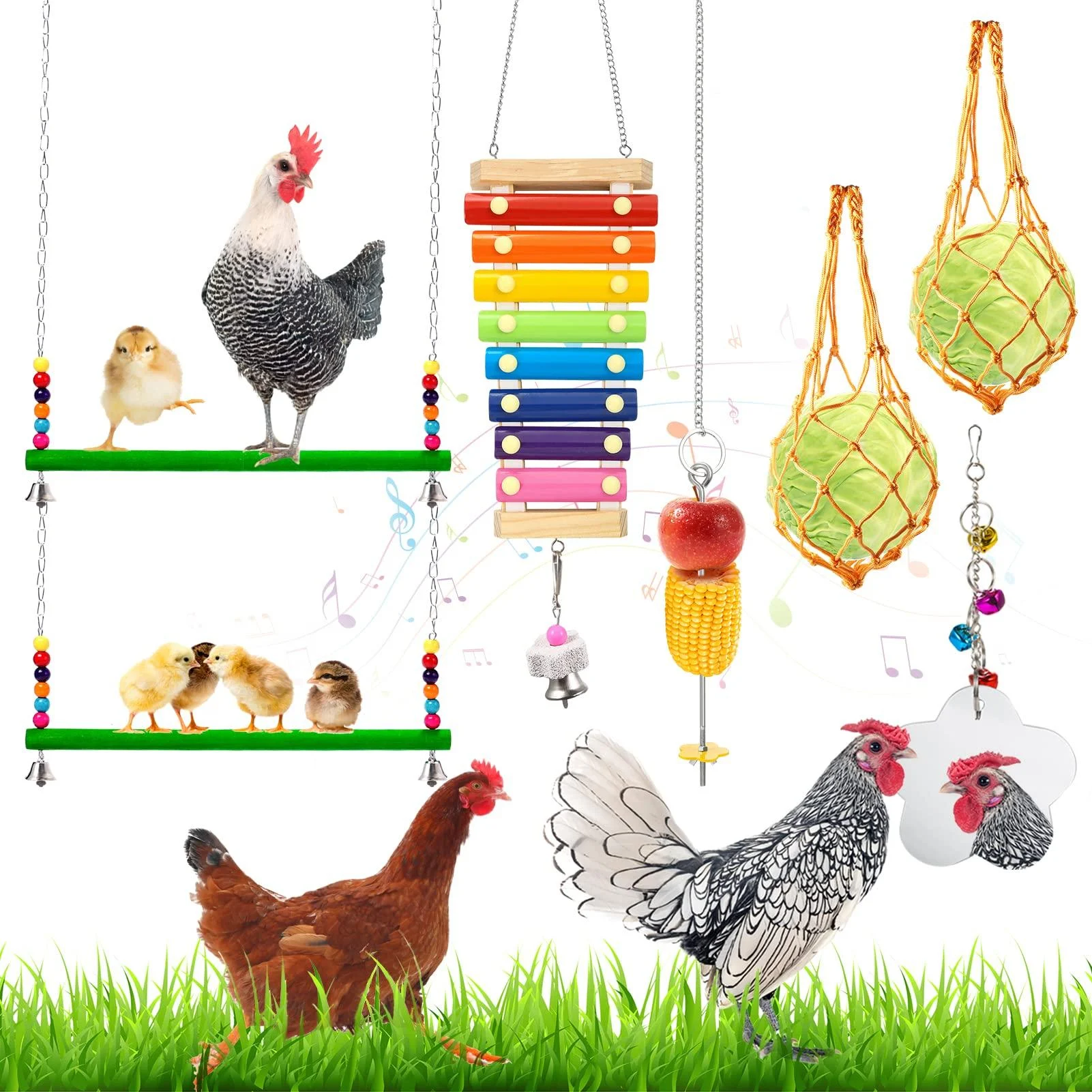Woiworco Chicken Toys for Coop, Chicken Xylophone Toys for Hens, Chicken Swing Ladder Toys, Chicken Mirror Toy, Chicken Pecking Toys and Vegetable Hanging Feeder for Chicken Coop Accessories 7 Packs Chicken Toys