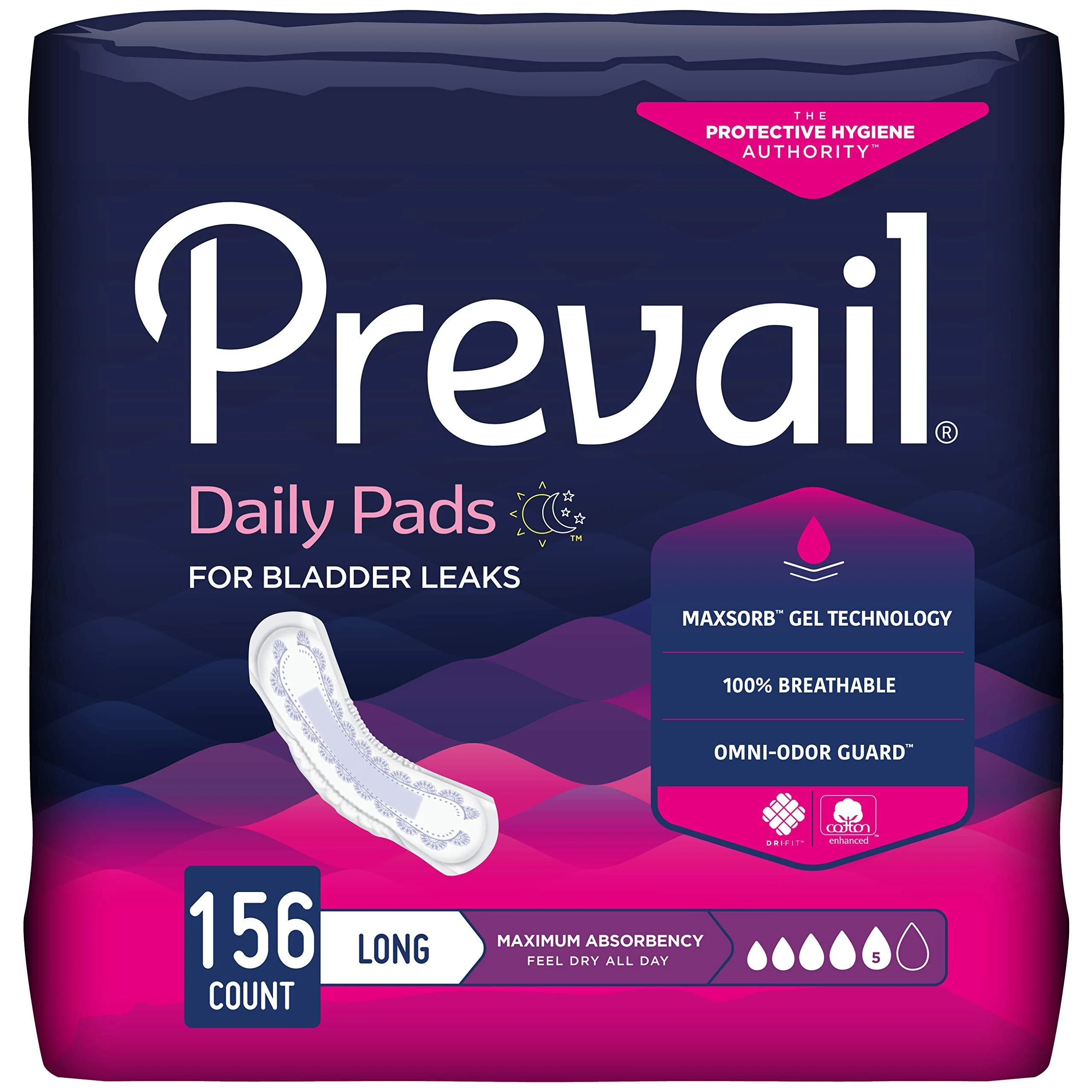 Prevail Incontinence Bladder Control Pads for Women, Maximum Absorbency, Long Length, 156 Count 39 Count (Pack of 4) Maximum Absorbency - Long Length