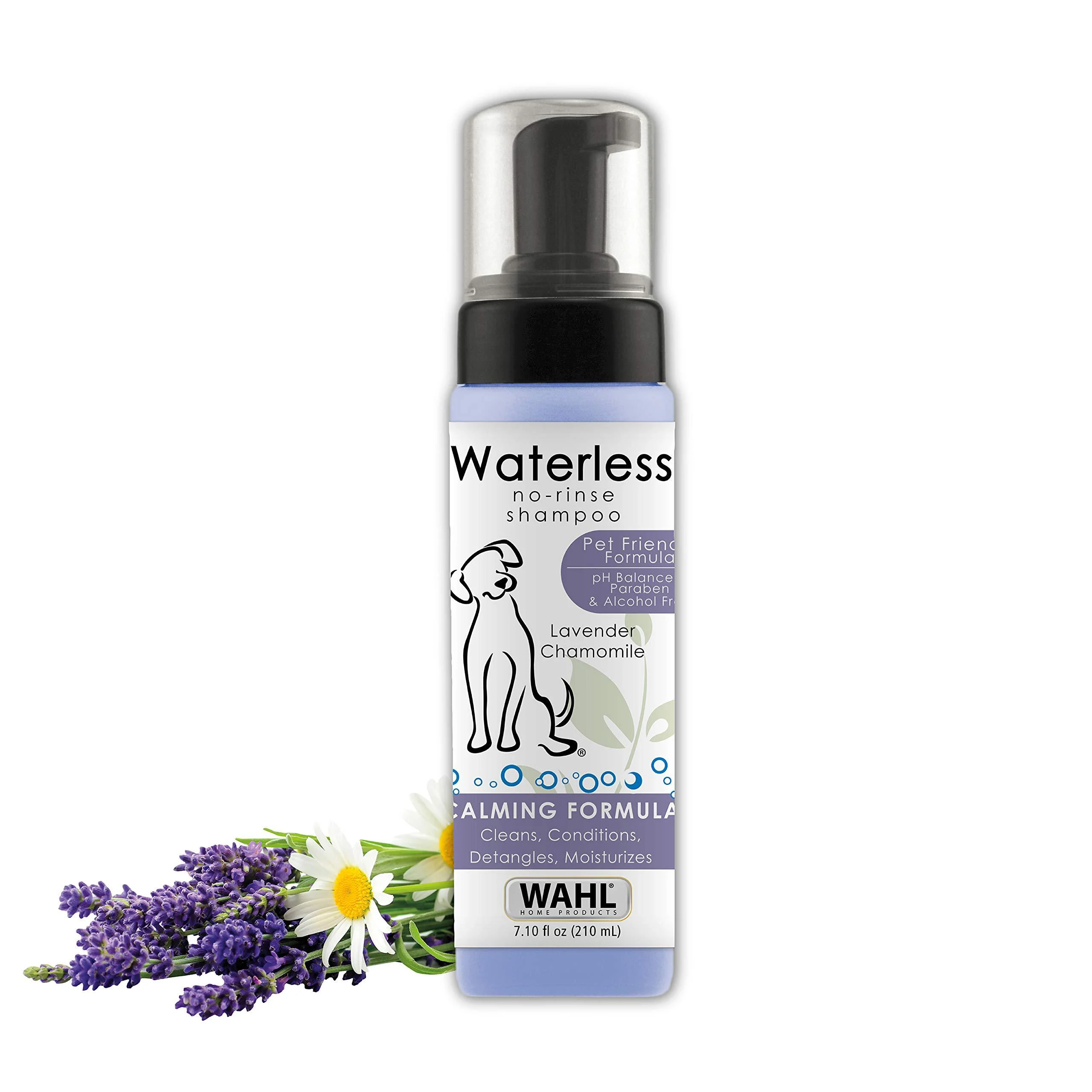 Wahl Pet Friendly Waterless No Rinse Shampoo for Animals Lavender & Chamomile for Cleaning, Conditioning, Detangling, & Moisturizing Dogs, Cats, & Horses 7.1 Oz - Model 820014A