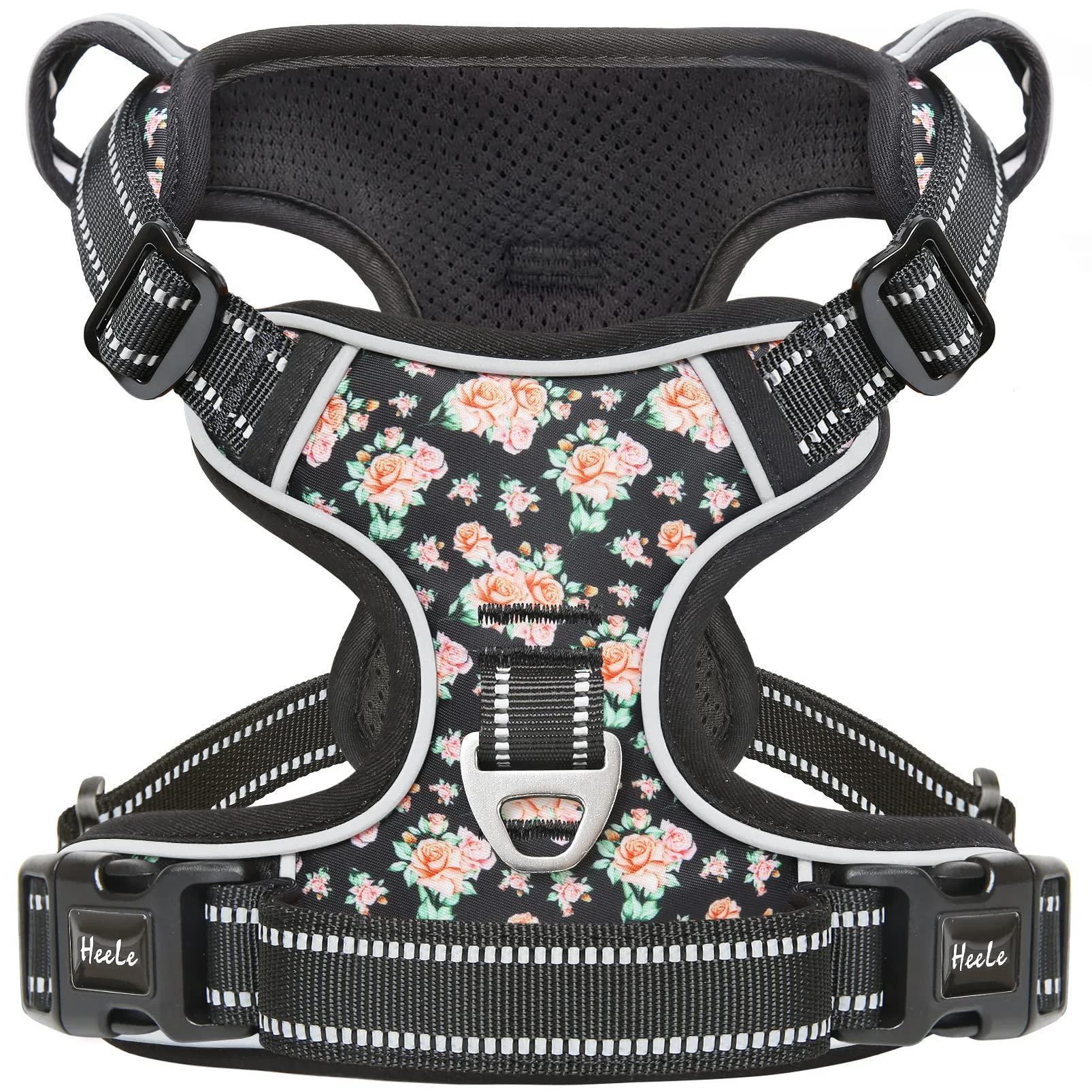 Heele dog crockery no-pull dog harness breast dishes for medium-sized dogs softly breathable interpretable reflective dog harness Anti pull with padded handle flower black m m flower black