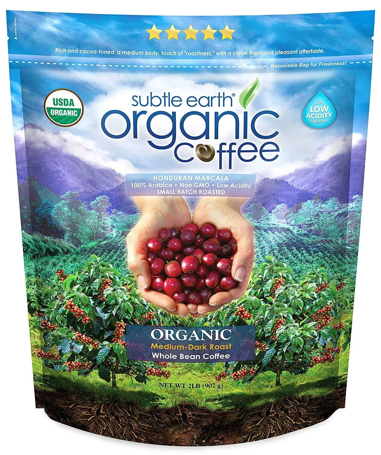 Subtle Earth Organic Coffee - Medium-Dark Roast - Whole Bean Coffee - 100% Arabica Beans - Low Acidity and Non-GMO - 2lb bag