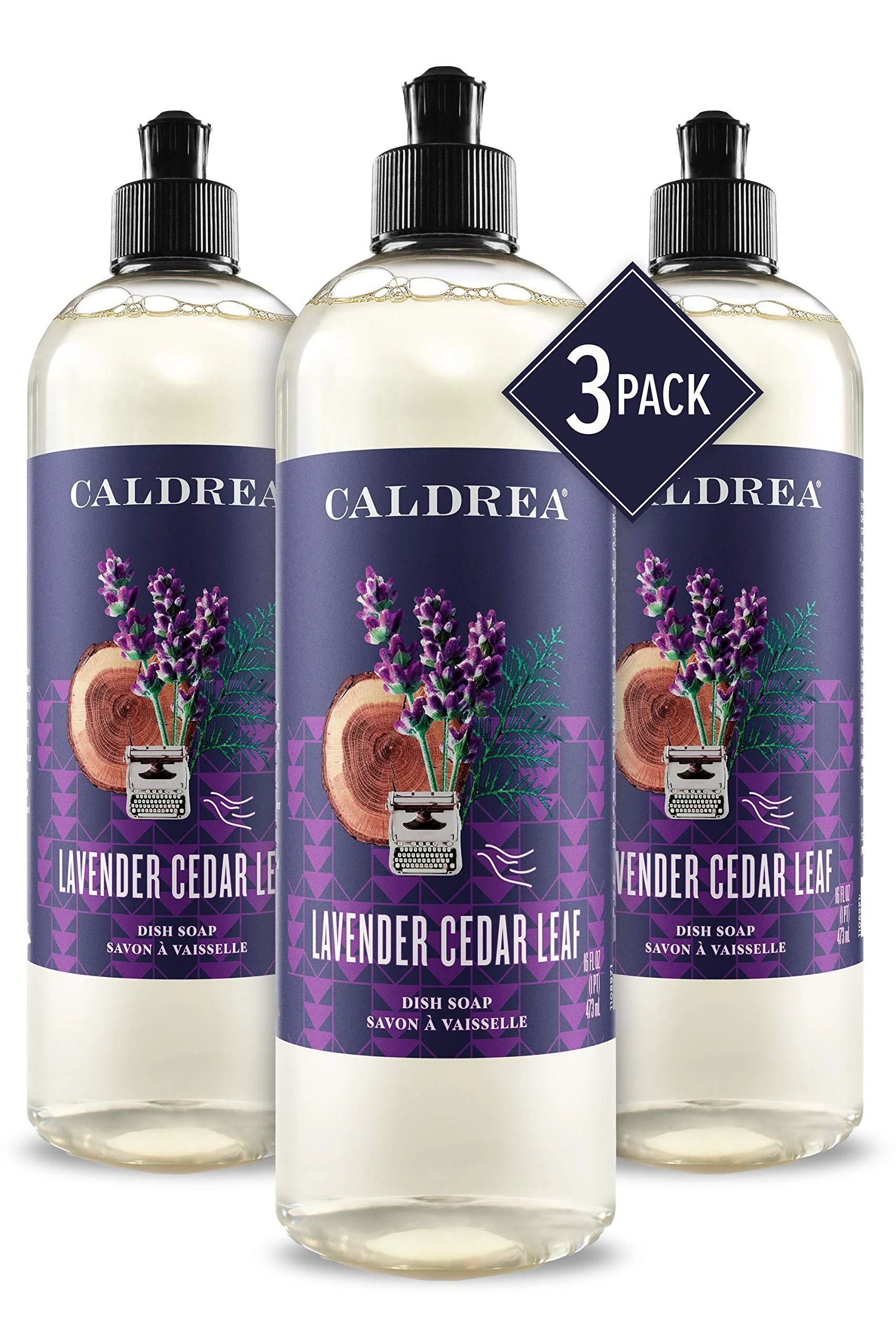 Caldrea Dish Soap, Biodegradable Dishwashing Liquid made with Soap Bark and Aloe Vera, Lavender Cedar Leaf, 16 oz , 3 Pack Liquid dish soap, 3 Pack