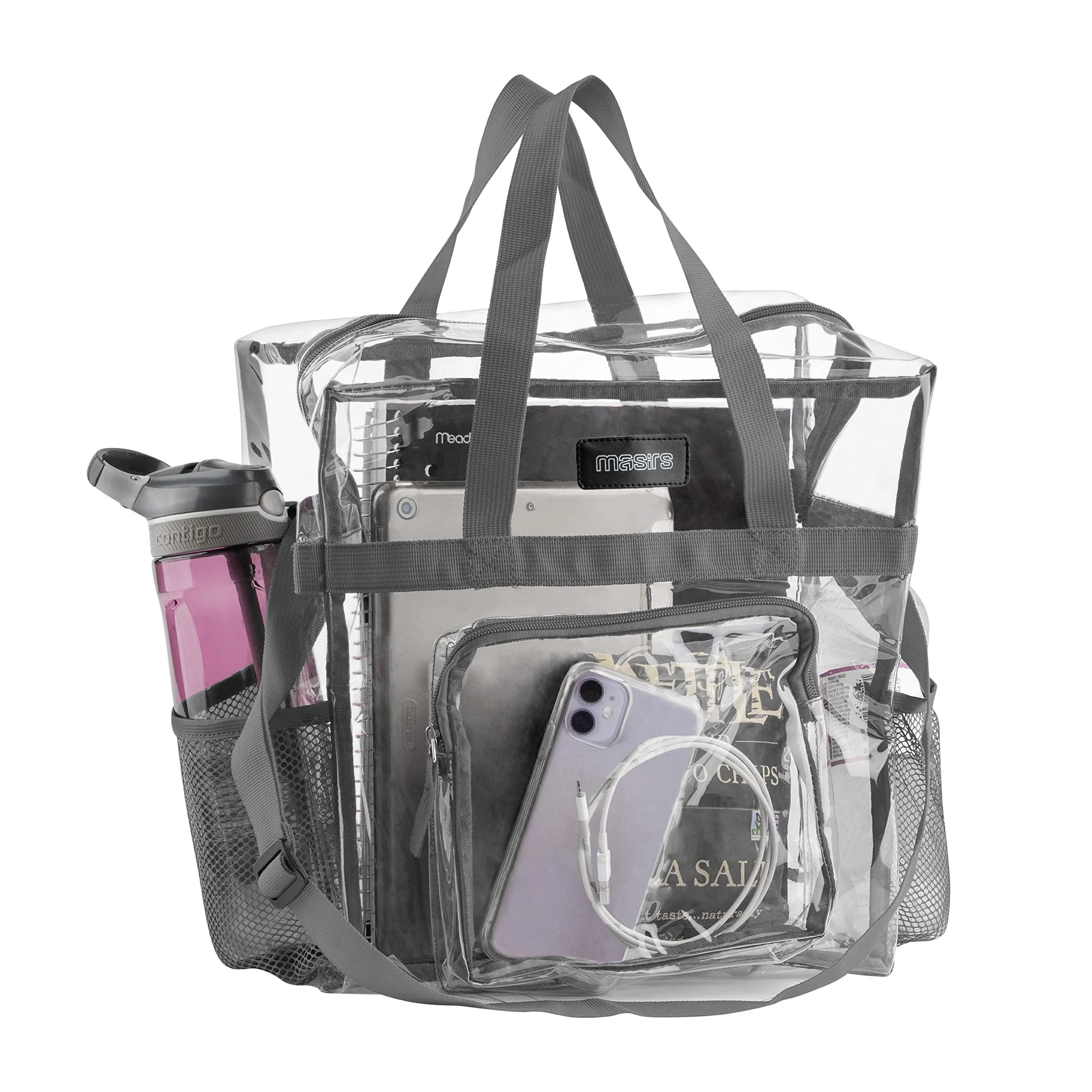 Clear Tote Bag Stadium Approved - Mesh Pockets, Shoulder Straps, Zippered Top. Perfect for Work, School, Games and Concerts. Clear / Grey Trim