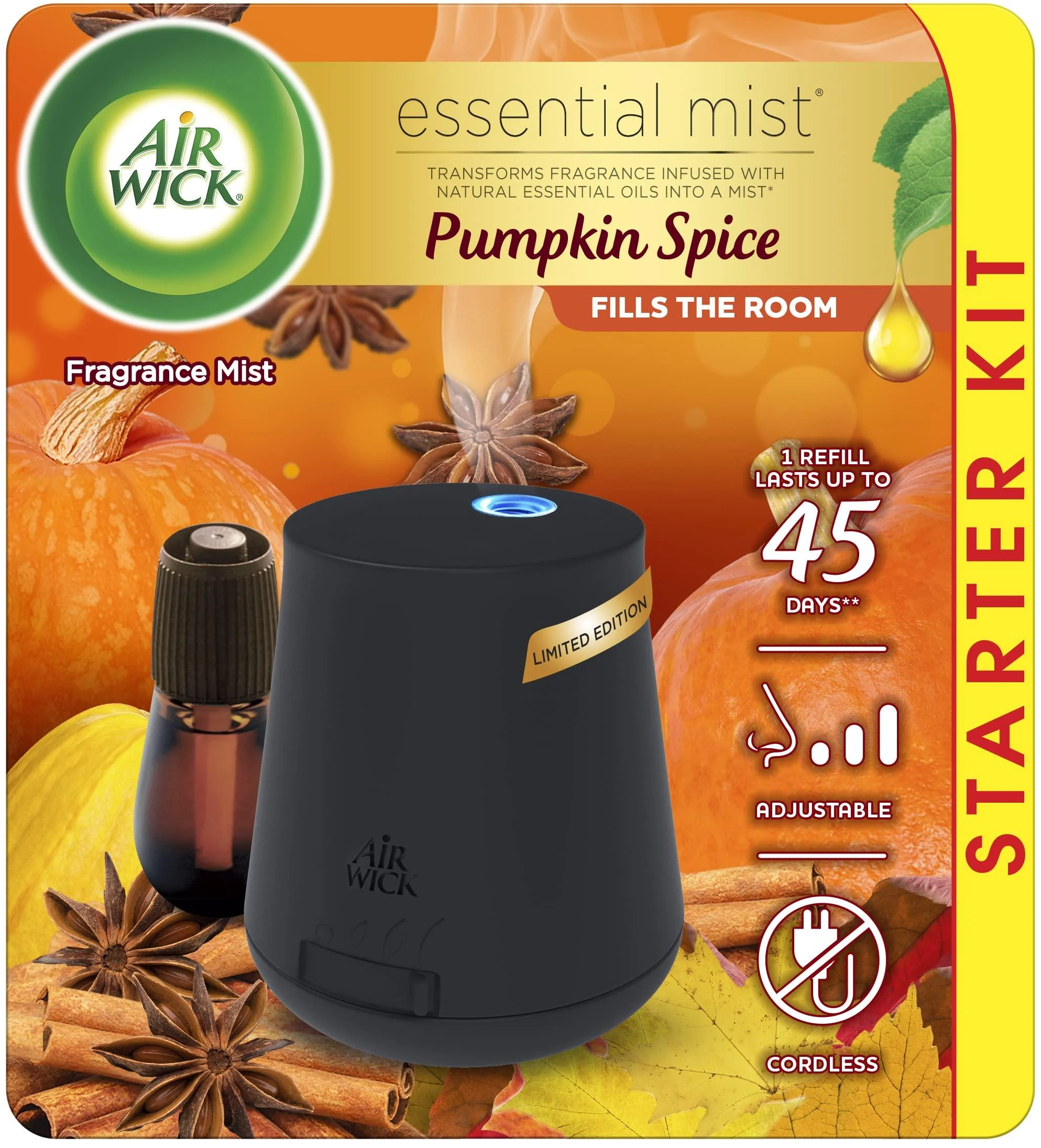Air Wick Essential Mist Starter Kit (Diffuser + Refill), Pumpkin Spice, Fall Scent, Fall Spray, Essential Oils Diffuser, Air Freshener, Device Color May Vary 0.67 Fl Oz (Pack of 1)