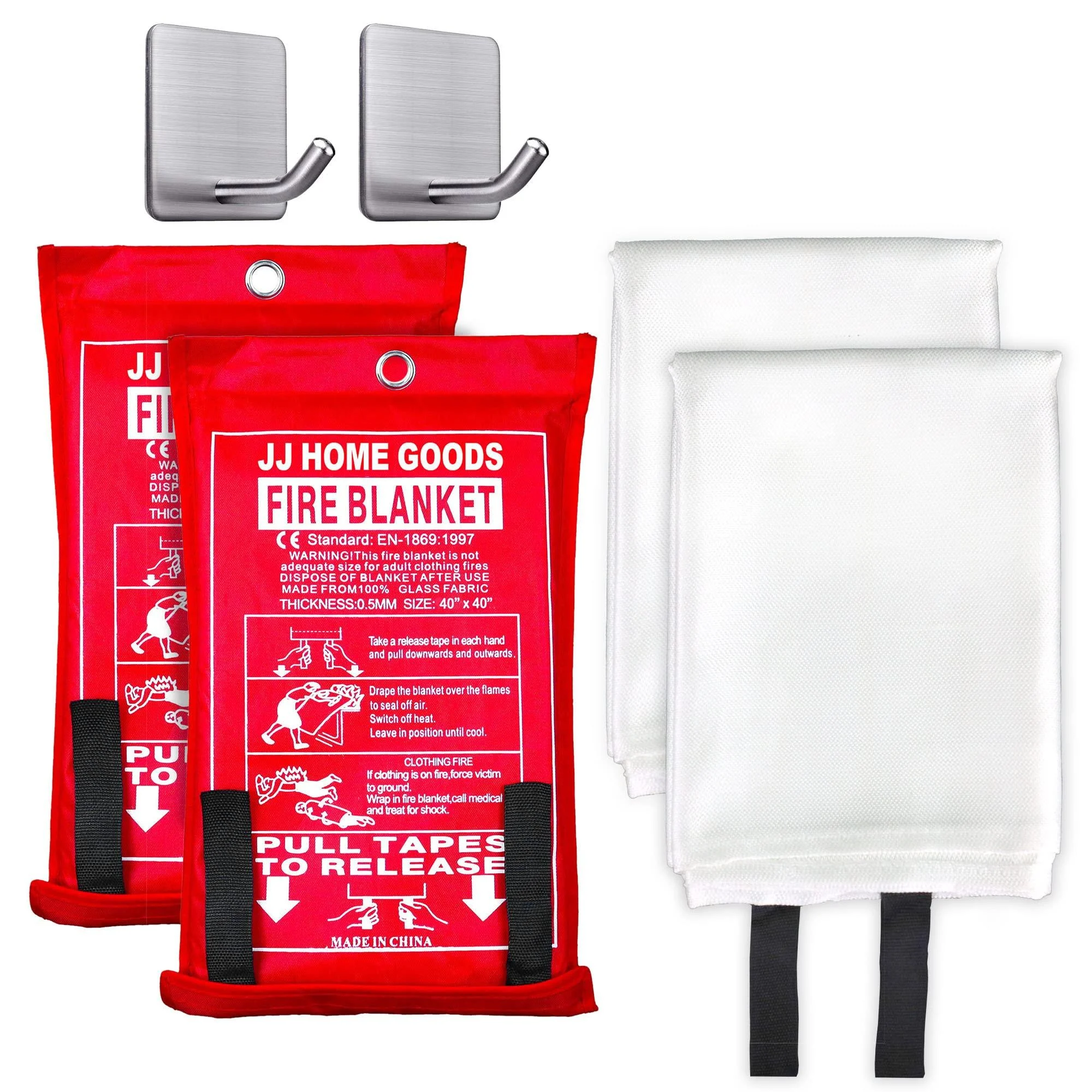 JJ Home Goods Fire Blanket for Home 40" x 40" (Pack of 2) +2 Hooks, Fire Suppression Blanket, Emergency Fire Blanket for People, Fire Blanket Kitchen, Emergency Use - White