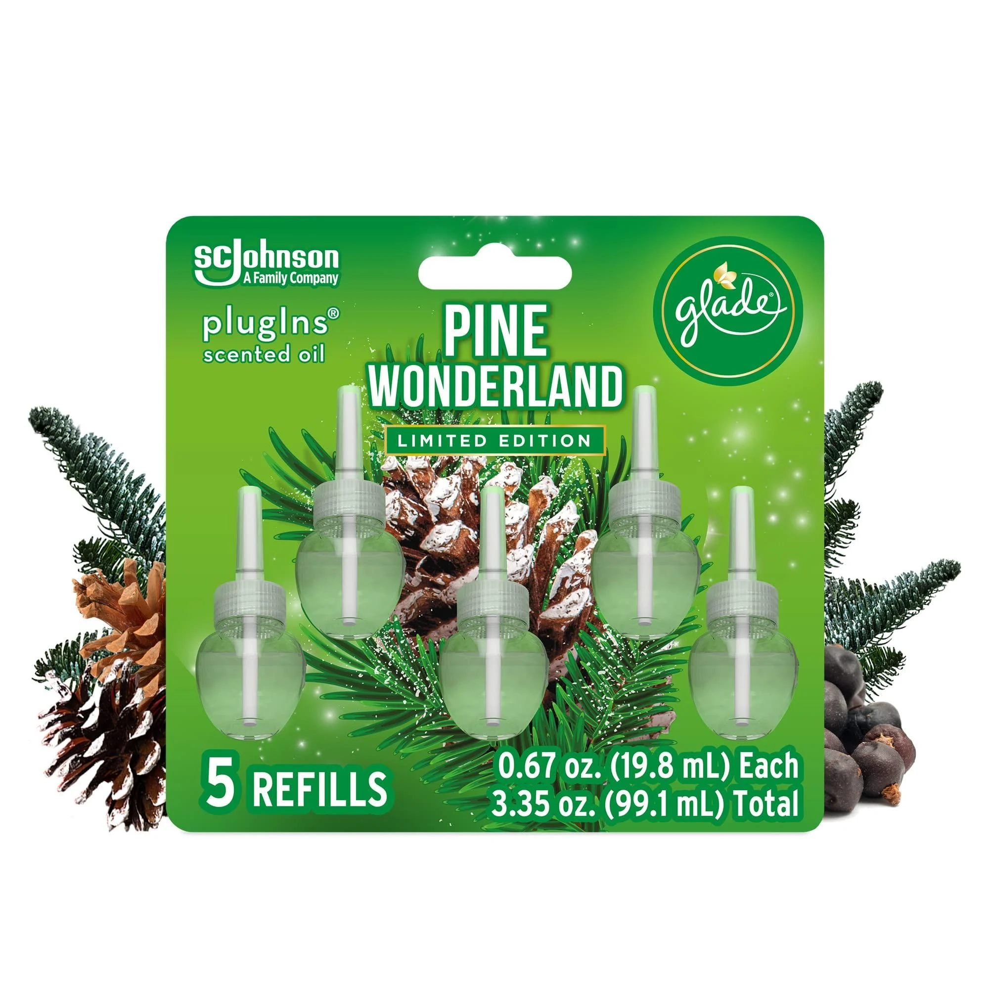 Glade PlugIns Refills Air Freshener, Scented and Essential Oils for Home and Bathroom, Pine Wonderland, 3.35 Fl Oz, 5 Count Pine 3.35 Fl Oz (Pack of 1)