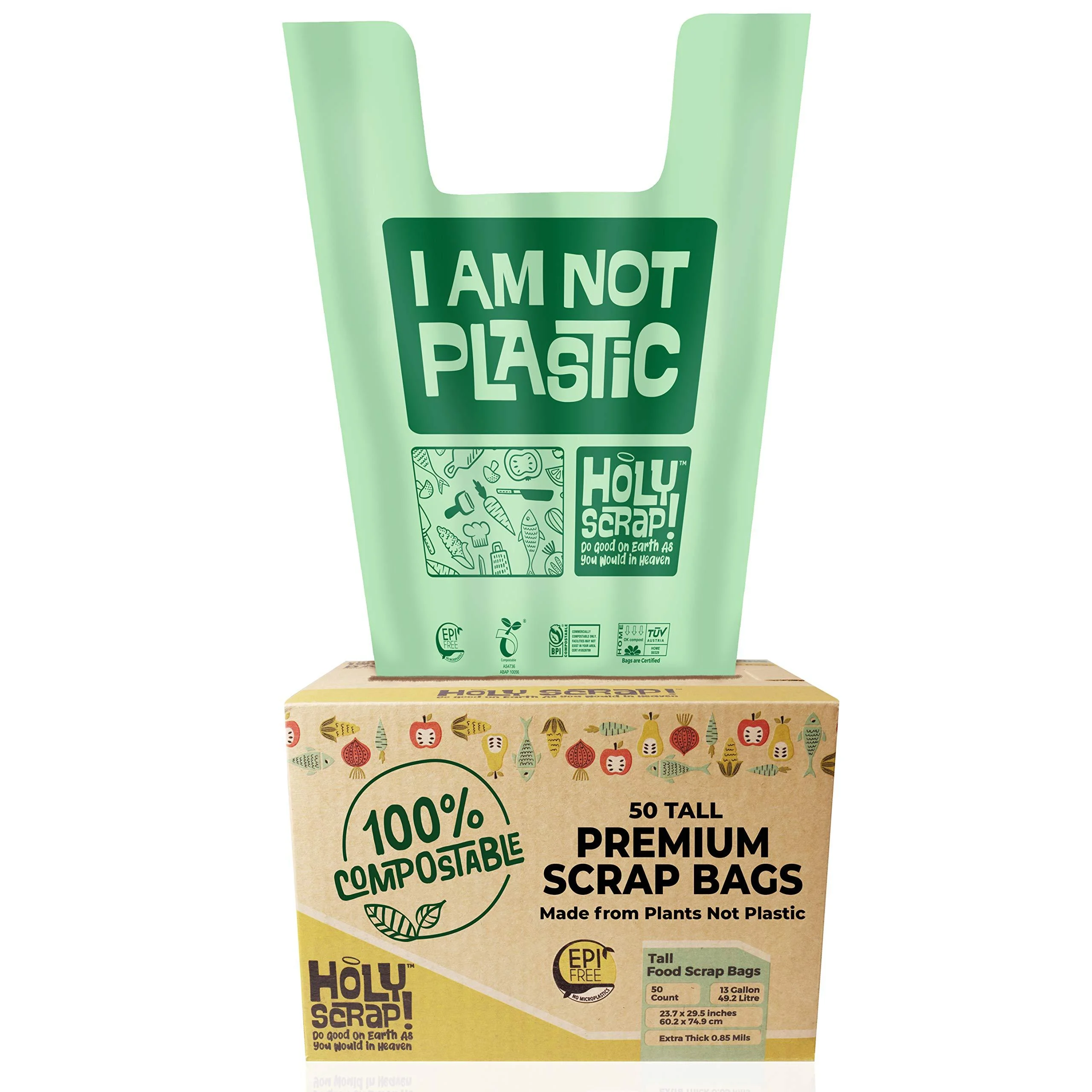 Holy Scrap! Compostable Trash Bags 13 Gallon Large Kitchen - 100 Pack Garbage Bags for Kitchen, Bathroom, Yard Waste - Eco Friendly Compostable Trash Bags for Food Waste - Compost Bags 50 Count (Pack of 2)