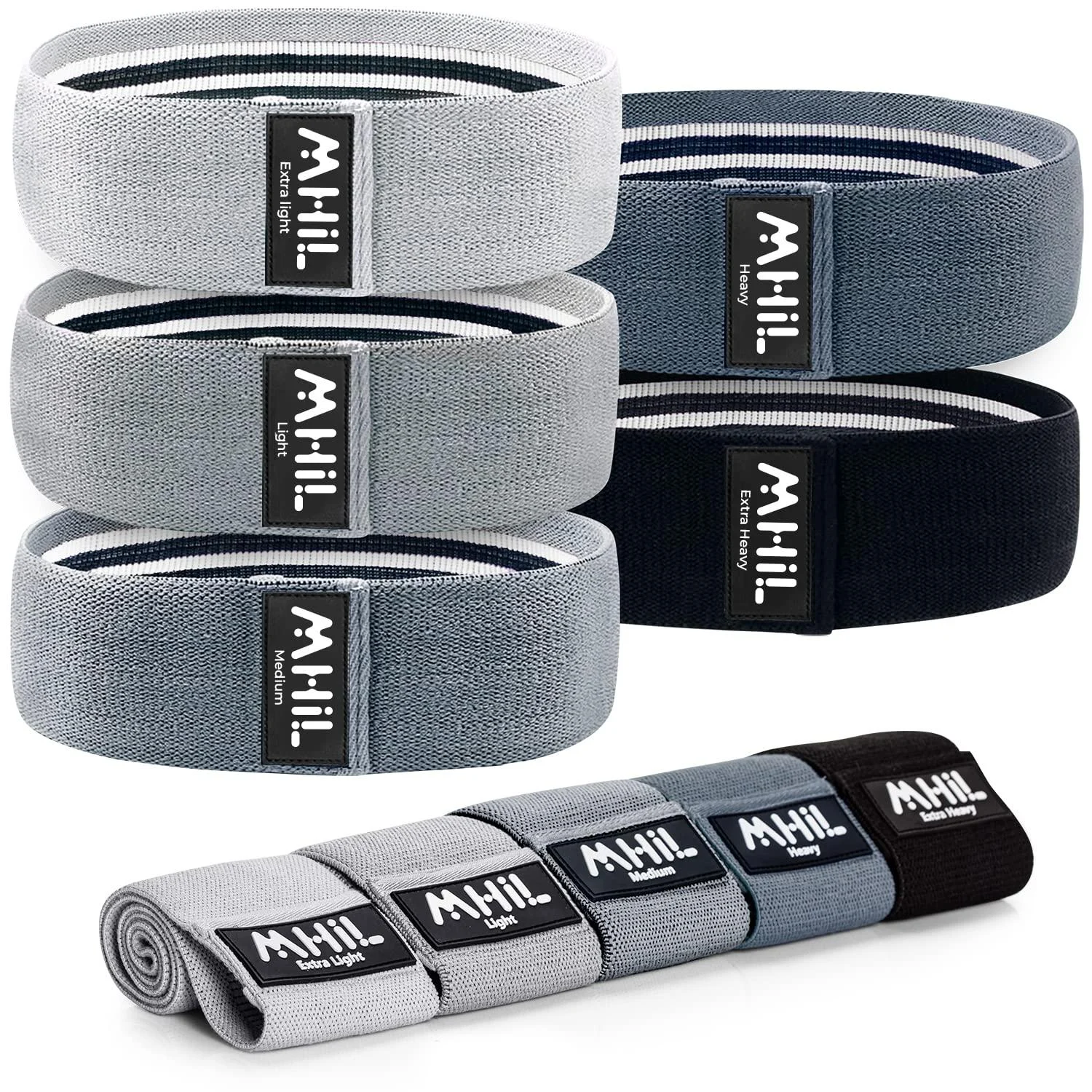 MhIL 5 Resistance Bands Set - Booty Bands for Women and Men, Best Exercise Bands, Workout Bands for Working Out Legs, Butt, Glute- Stretch Gym Fitness Bands, Workout Equipment , Workout Sets for Women Shades of Grey